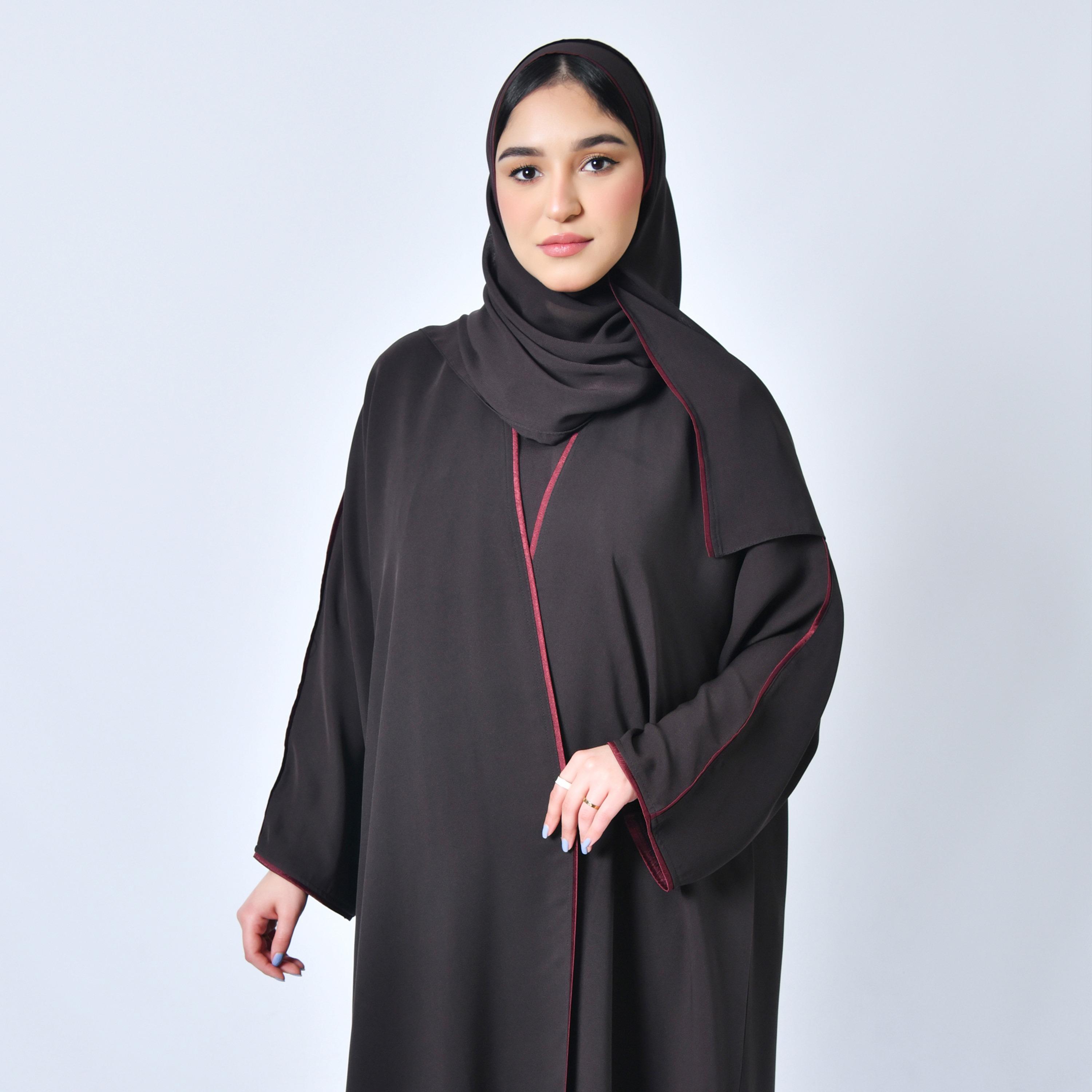 Hawraa Burgundy Border Lined Wrap Abaya with Hijab-women-arabicclothing-abayas-image-2