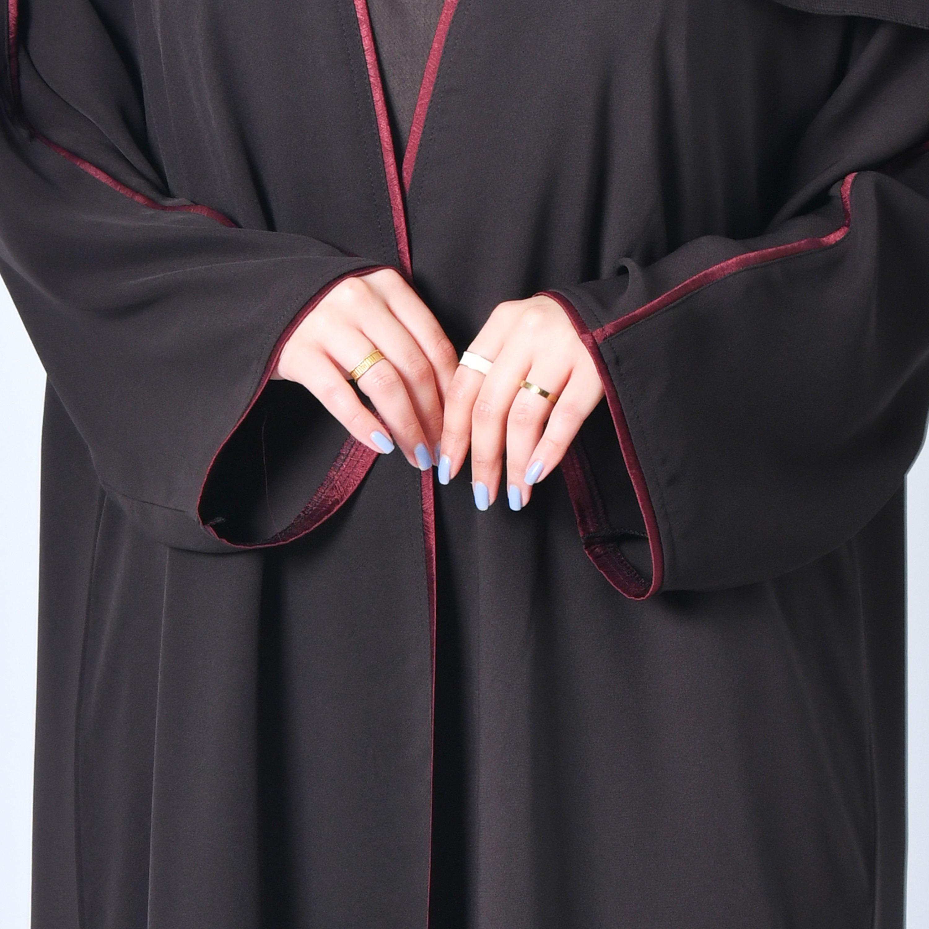 Hawraa Burgundy Border Lined Wrap Abaya with Hijab-women-arabicclothing-abayas-image-3