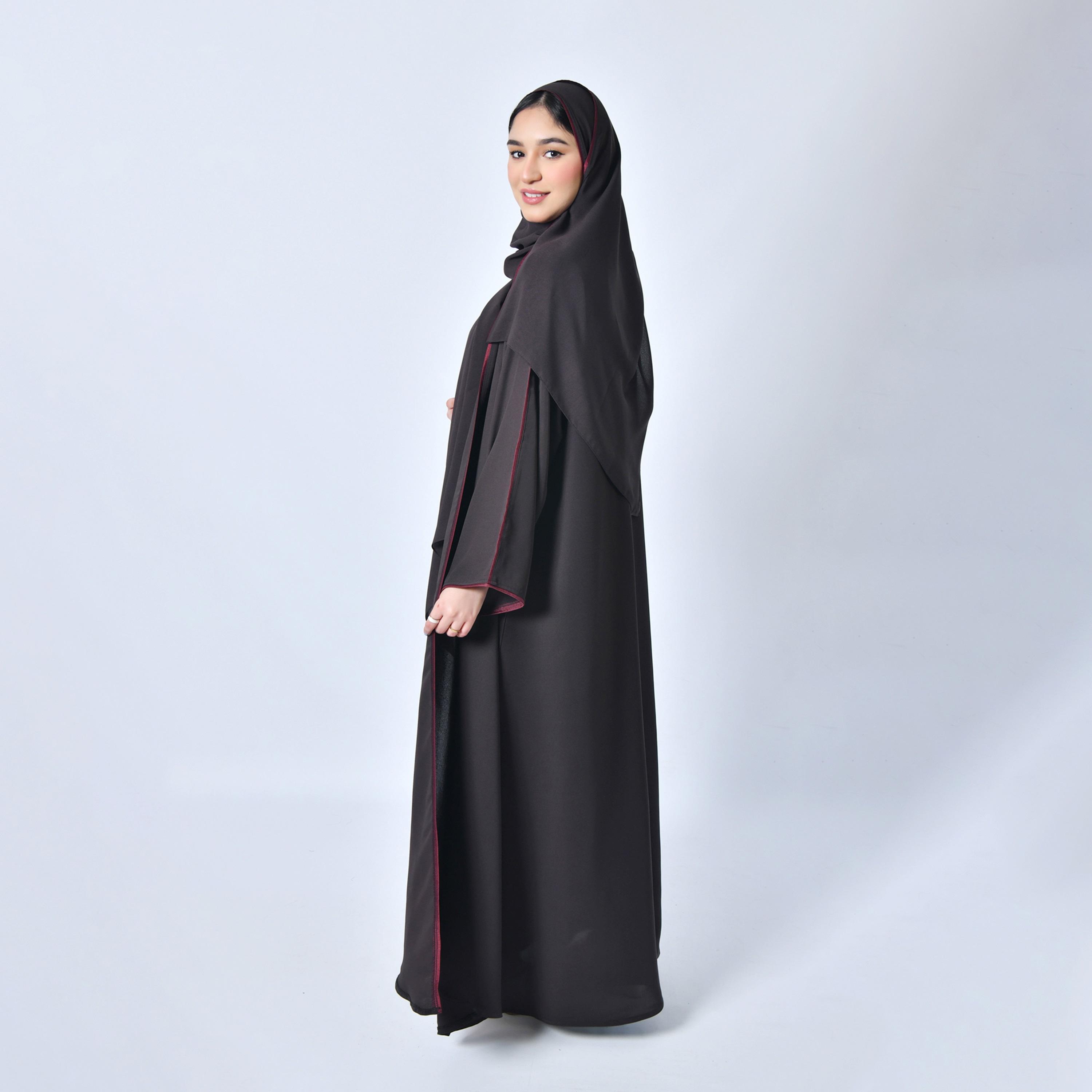 Hawraa Burgundy Border Lined Wrap Abaya with Hijab-women-arabicclothing-abayas-image-4