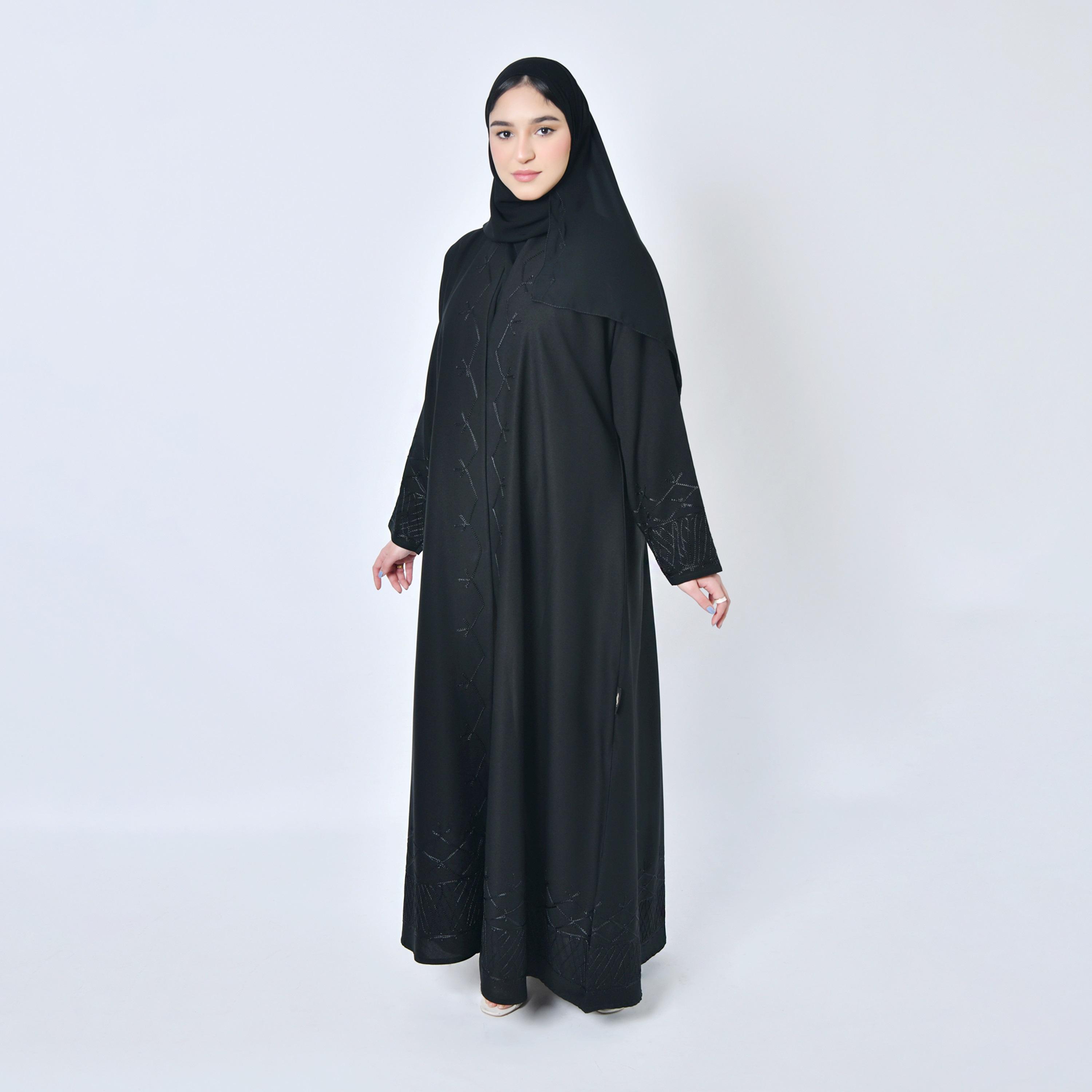 Hawraa Embroidered Black Cloche Abaya with Hijab-women-arabicclothing-abayas-image-1