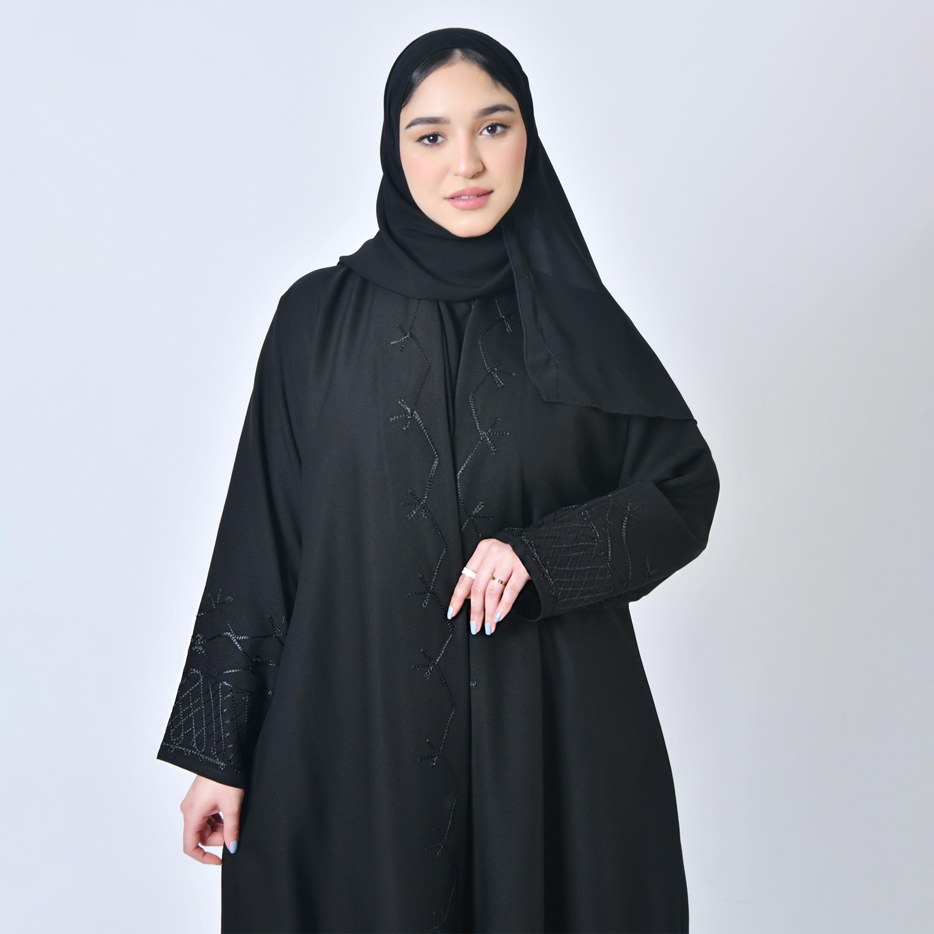 Hawraa Embroidered Black Cloche Abaya with Hijab-women-arabicclothing-abayas-image-2