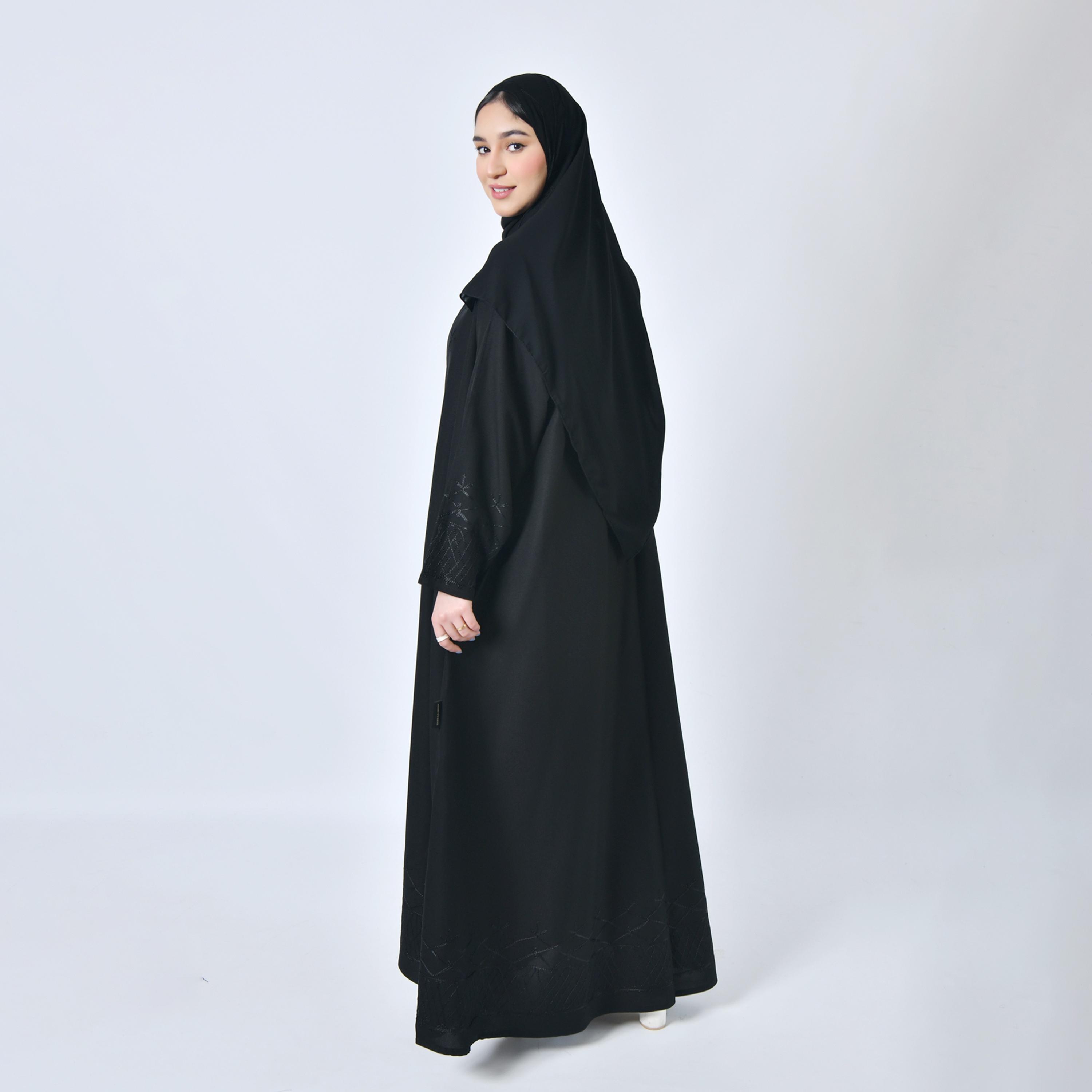 Hawraa Embroidered Black Cloche Abaya with Hijab-women-arabicclothing-abayas-image-4