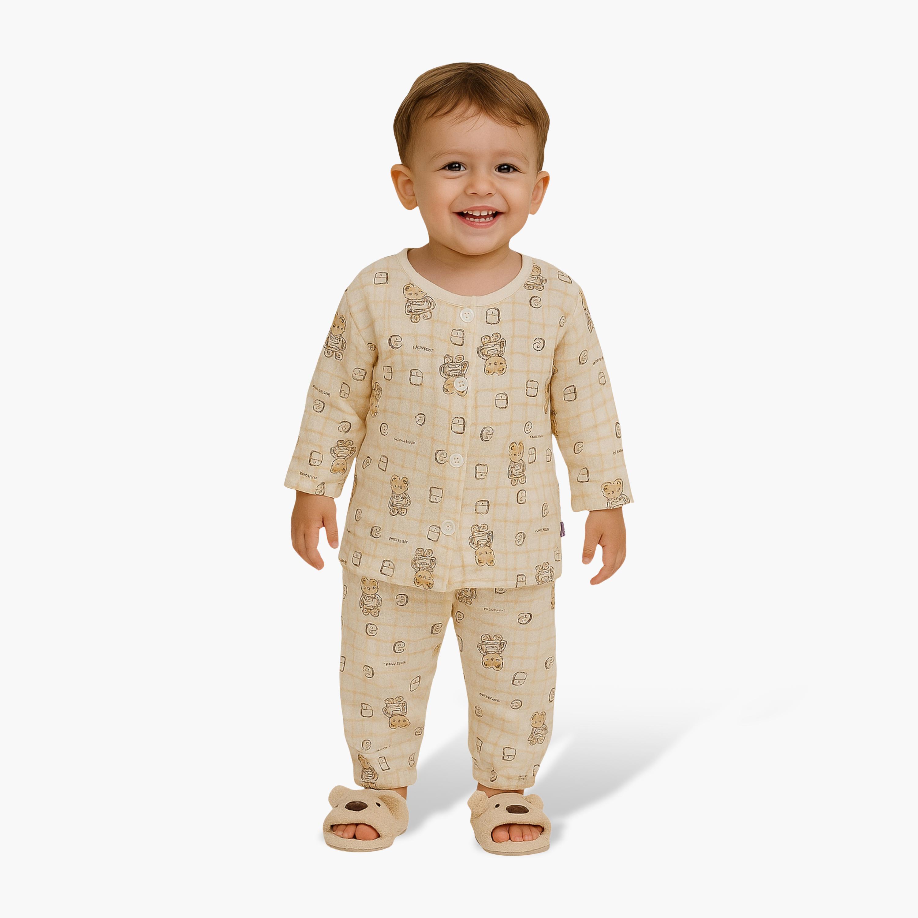 طقم بيجامة قطن موسلين بطبعة دب من فيكتور آند جين-boys-clothing-nightwear-image-1
