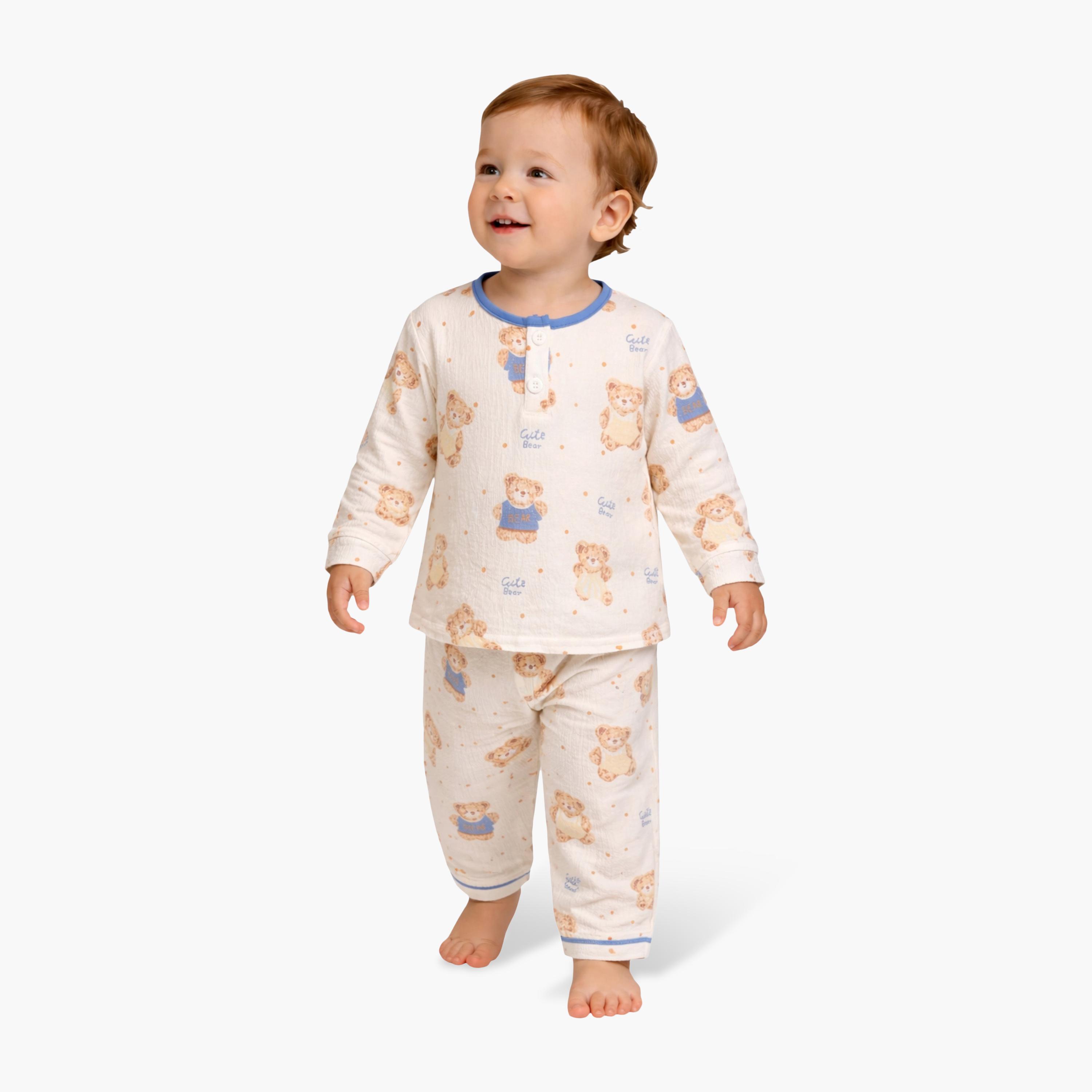 Victor and Jane Teddy Bear Printed Muslin Cotton Pyjama Set-boys-clothing-nightwear-image-1