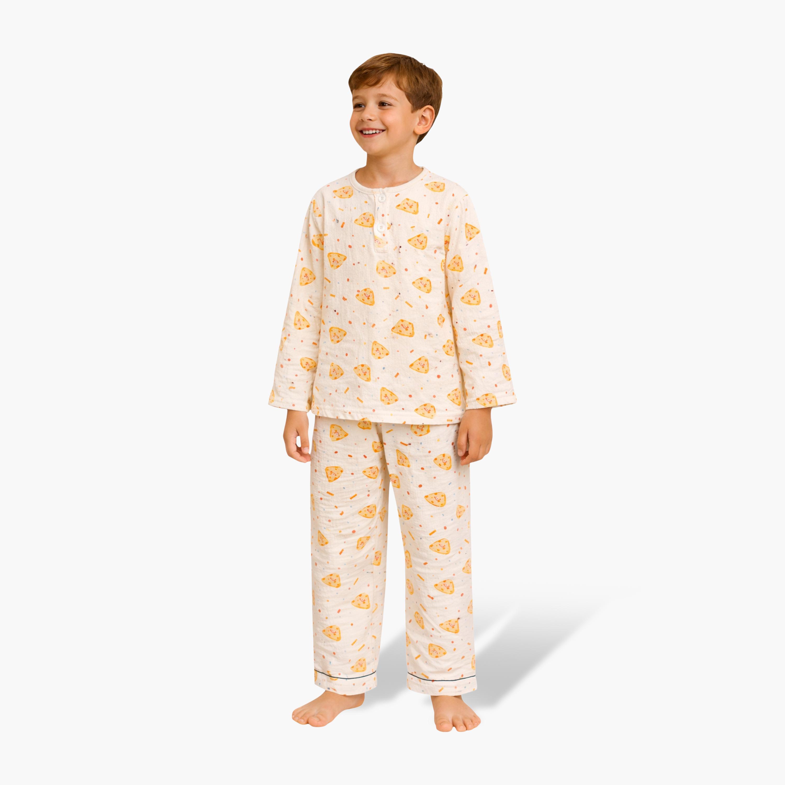 Victor and Jane Cotton Full Sleeves Pizza Printed T-Shirt & Pyjama Set-boys-clothing-winterwear-pyjamasets-image-1