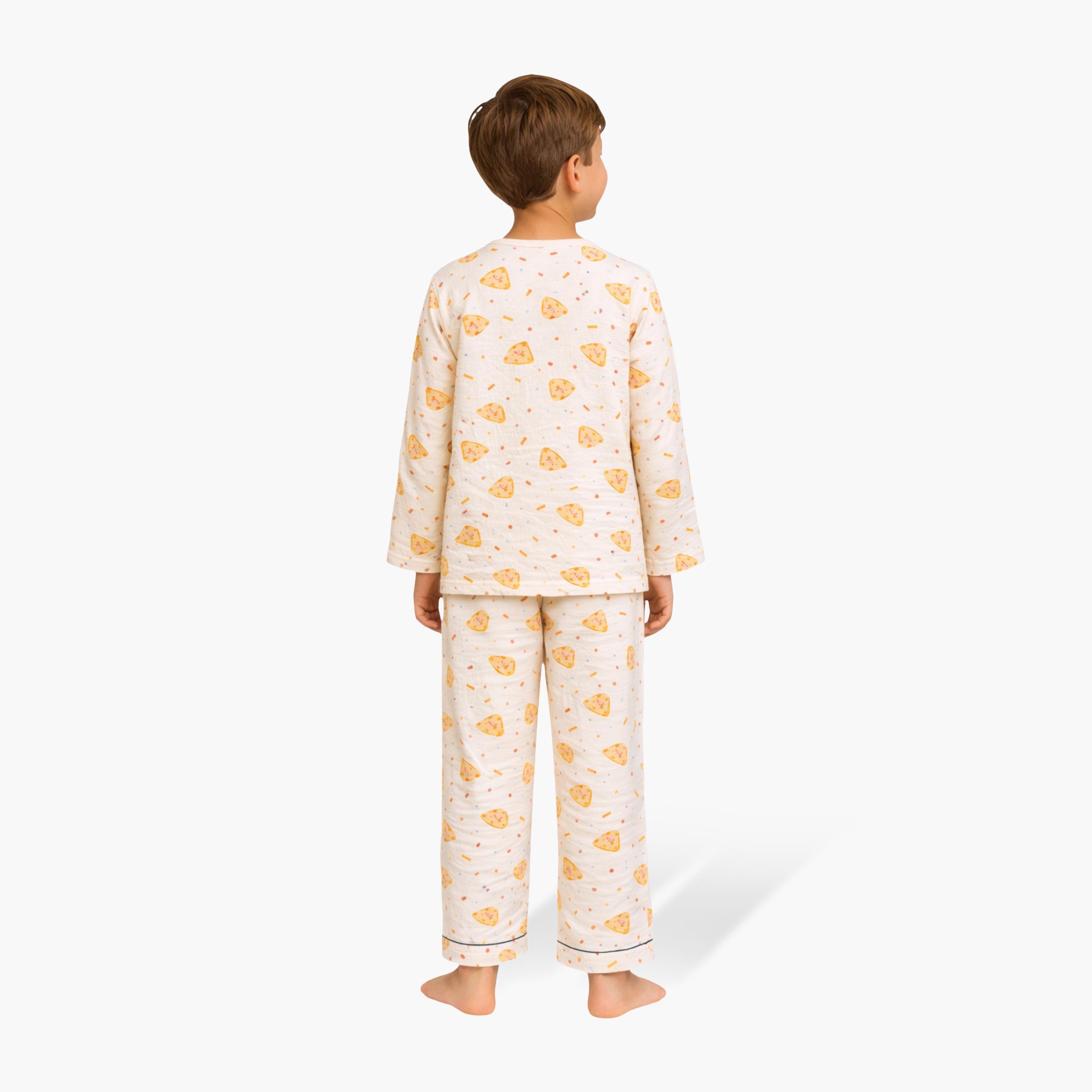 Victor and Jane Cotton Full Sleeves Pizza Printed T-Shirt & Pyjama Set-boys-clothing-winterwear-pyjamasets-image-2