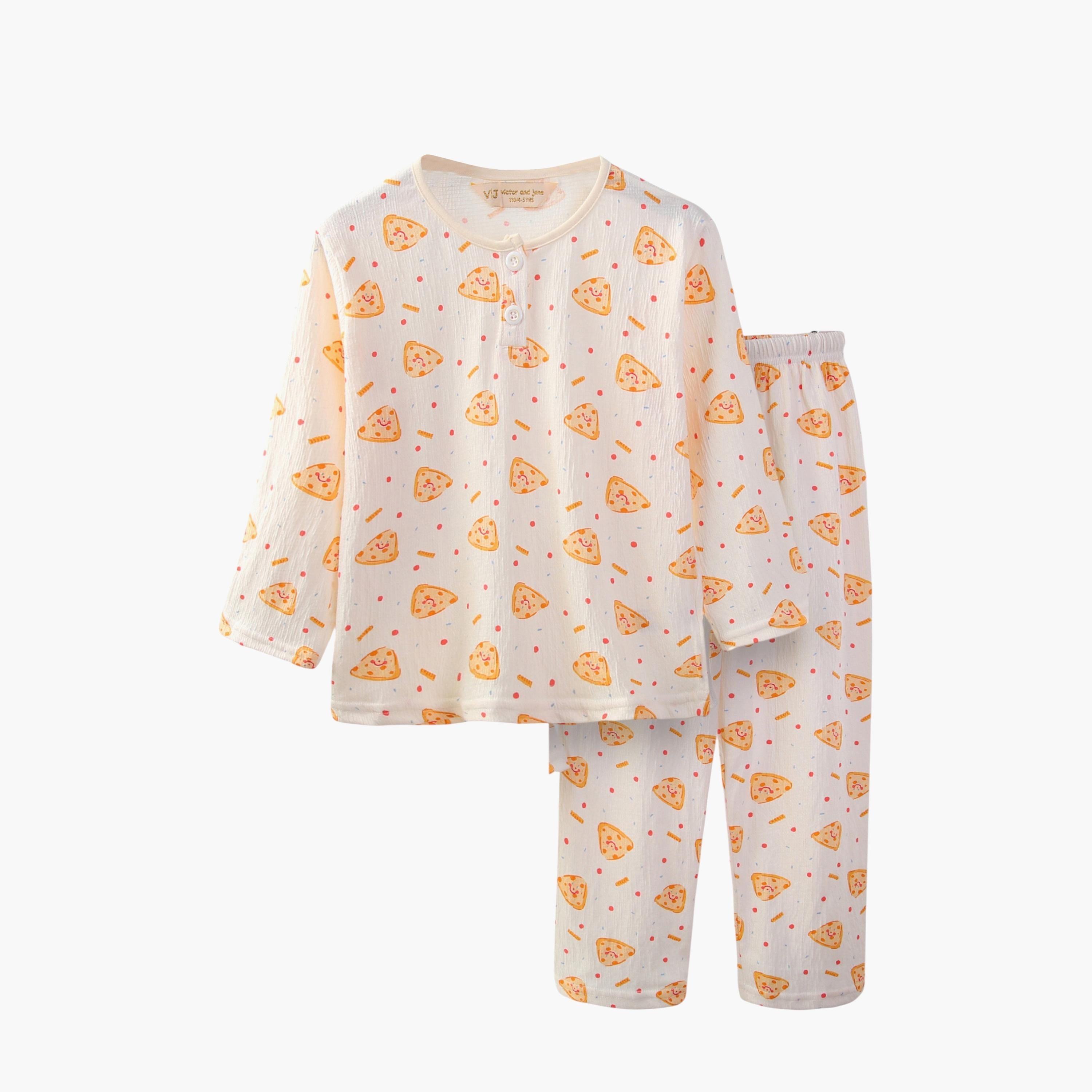 Victor and Jane Cotton Full Sleeves Pizza Printed T-Shirt & Pyjama Set-boys-clothing-winterwear-pyjamasets-image-3