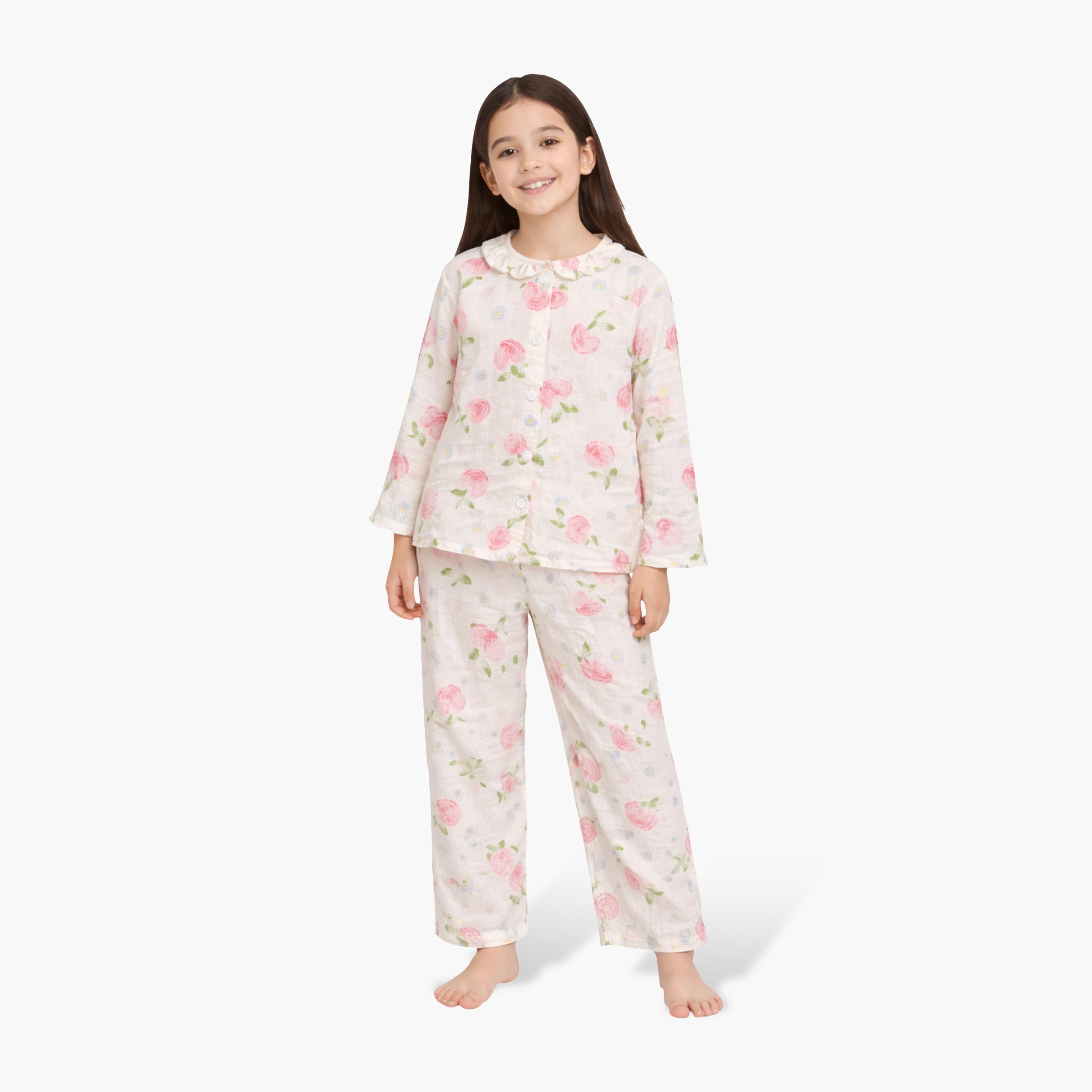 Victor and Jane Cotton Full Sleeves Floral Printed T-Shirt & Pyjama Set-girls-clothing-winterwear-pyjamasets-image-1