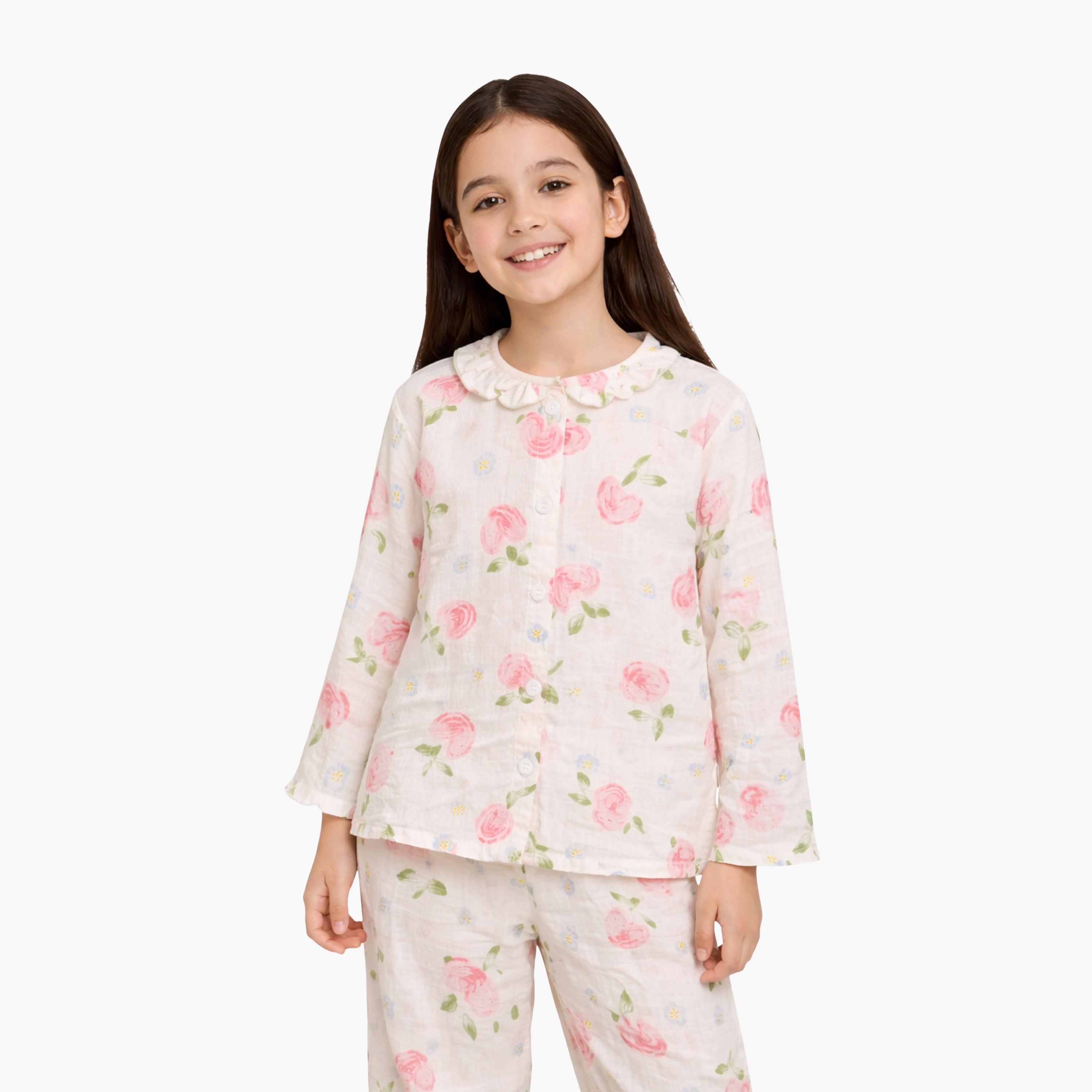 Victor and Jane Cotton Full Sleeves Floral Printed T-Shirt & Pyjama Set-girls-clothing-winterwear-pyjamasets-image-2