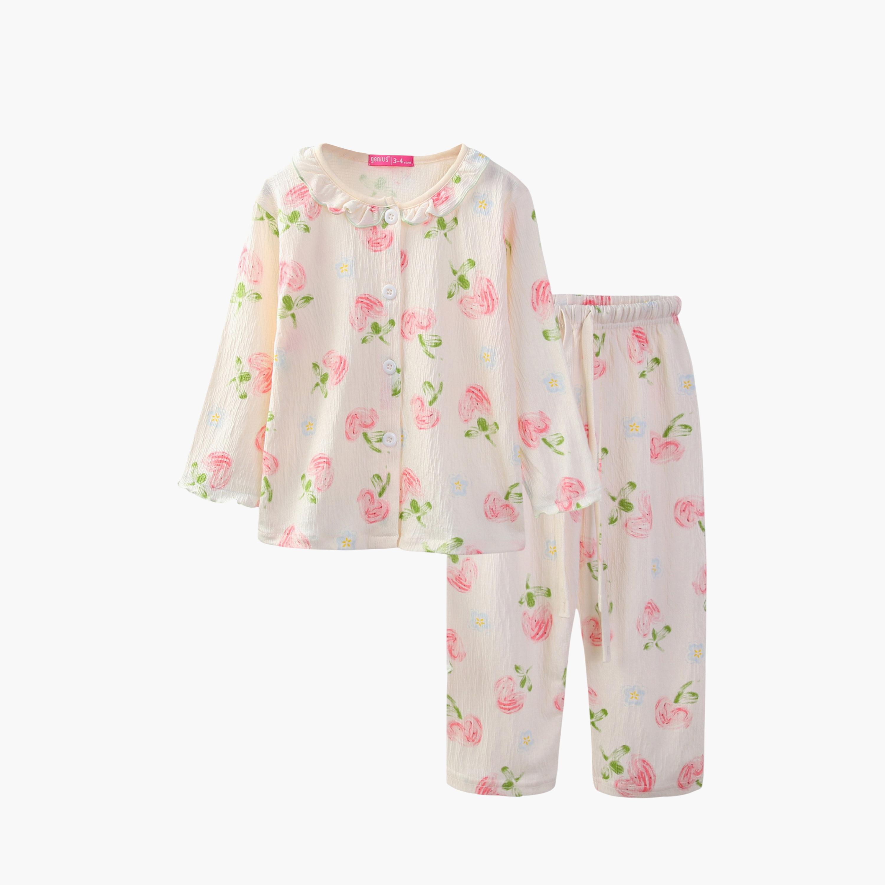 Victor and Jane Cotton Full Sleeves Floral Printed T-Shirt & Pyjama Set-girls-clothing-winterwear-pyjamasets-image-3
