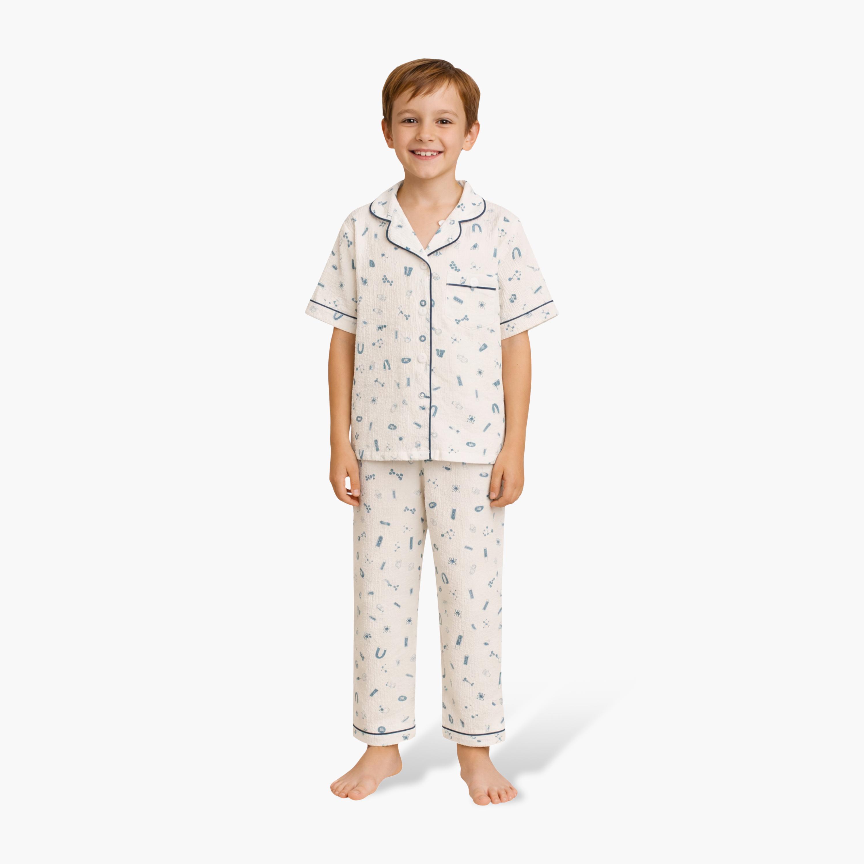 Victor and Jane Geometric Printed Cotton Muslin Pyjama Set-boys-clothing-nightwear-image-1
