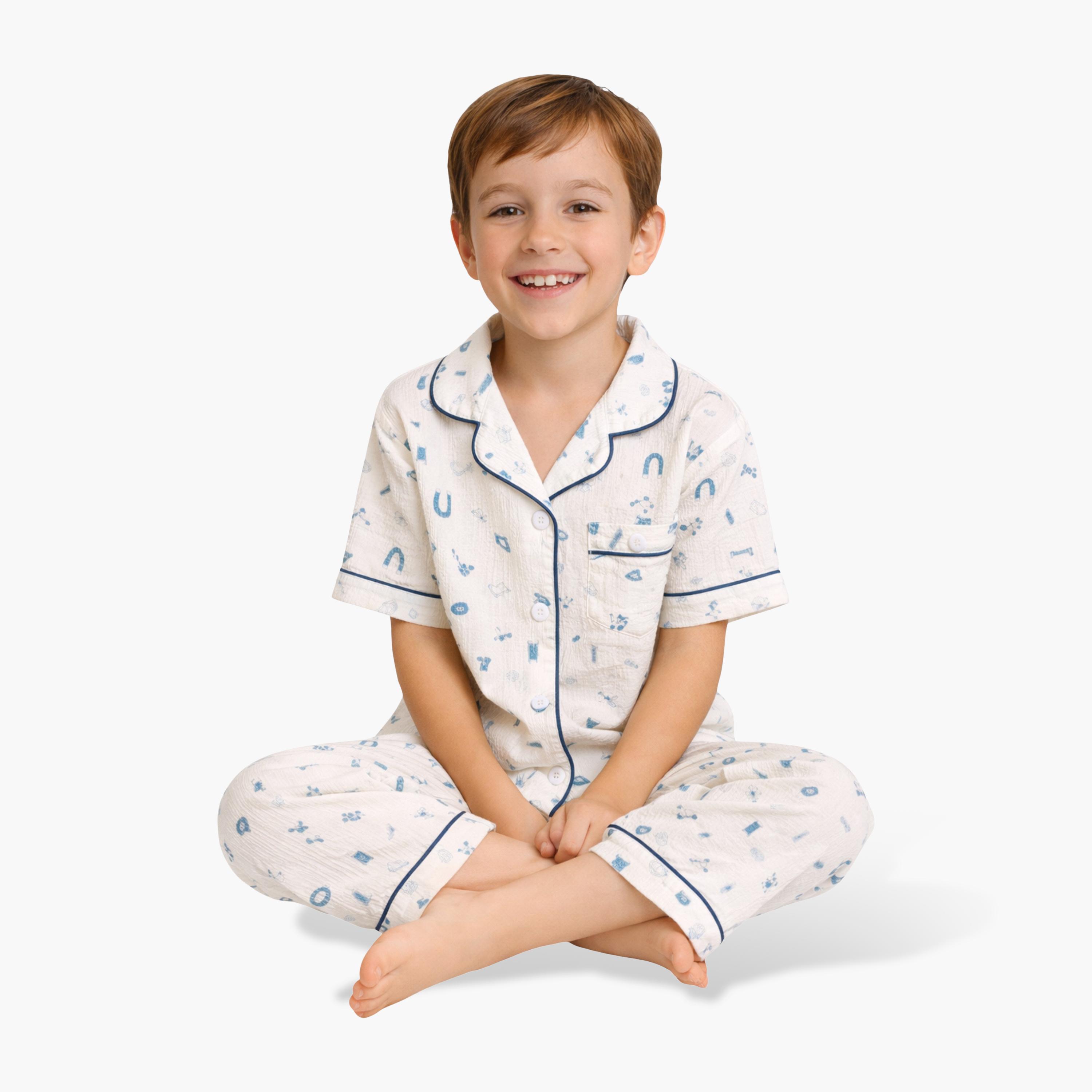 Victor and Jane Geometric Printed Cotton Muslin Pyjama Set-boys-clothing-nightwear-image-2