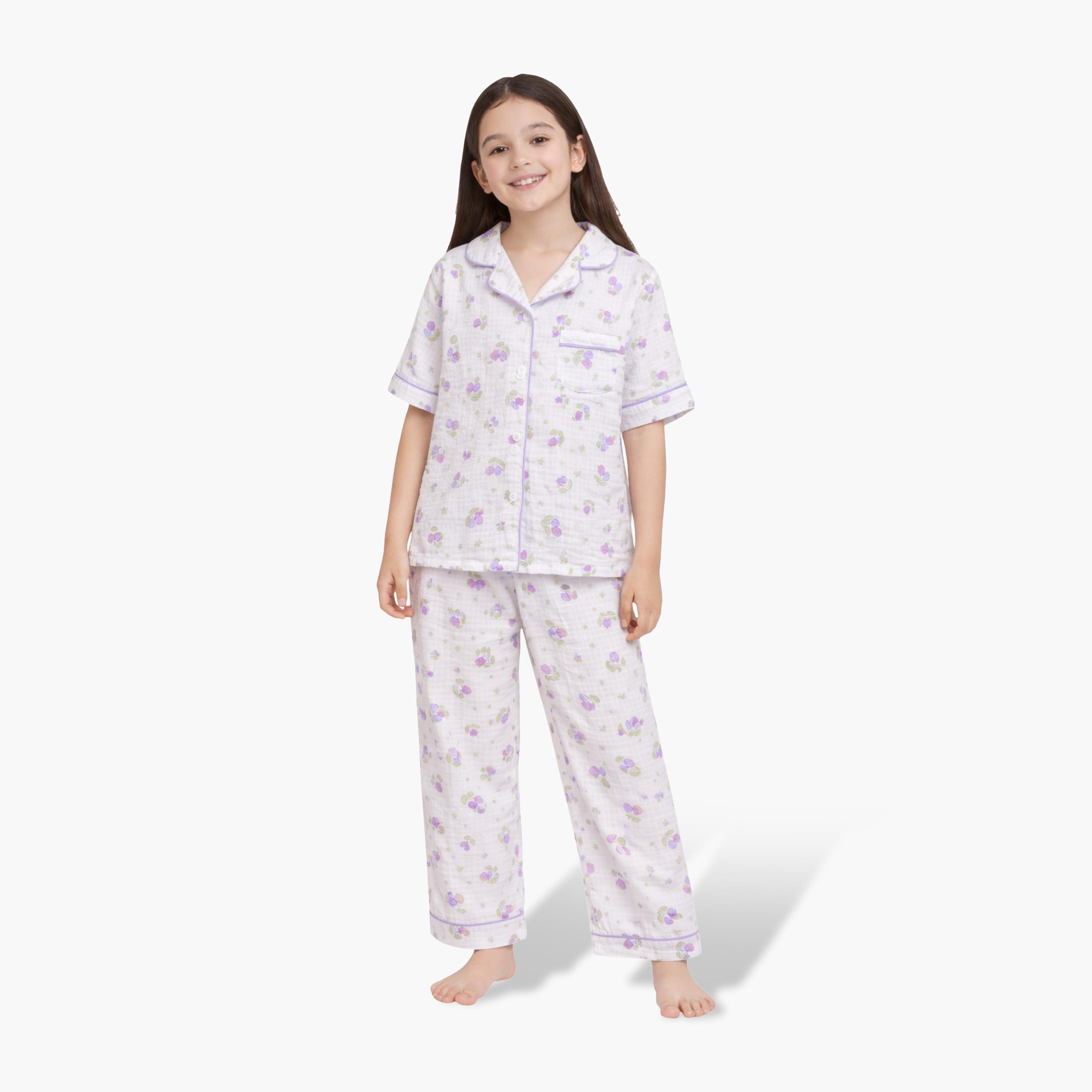 Victor and Jane Floral Printed Muslin Cotton Pyjama Set-girls-clothing-nightwear-image-1