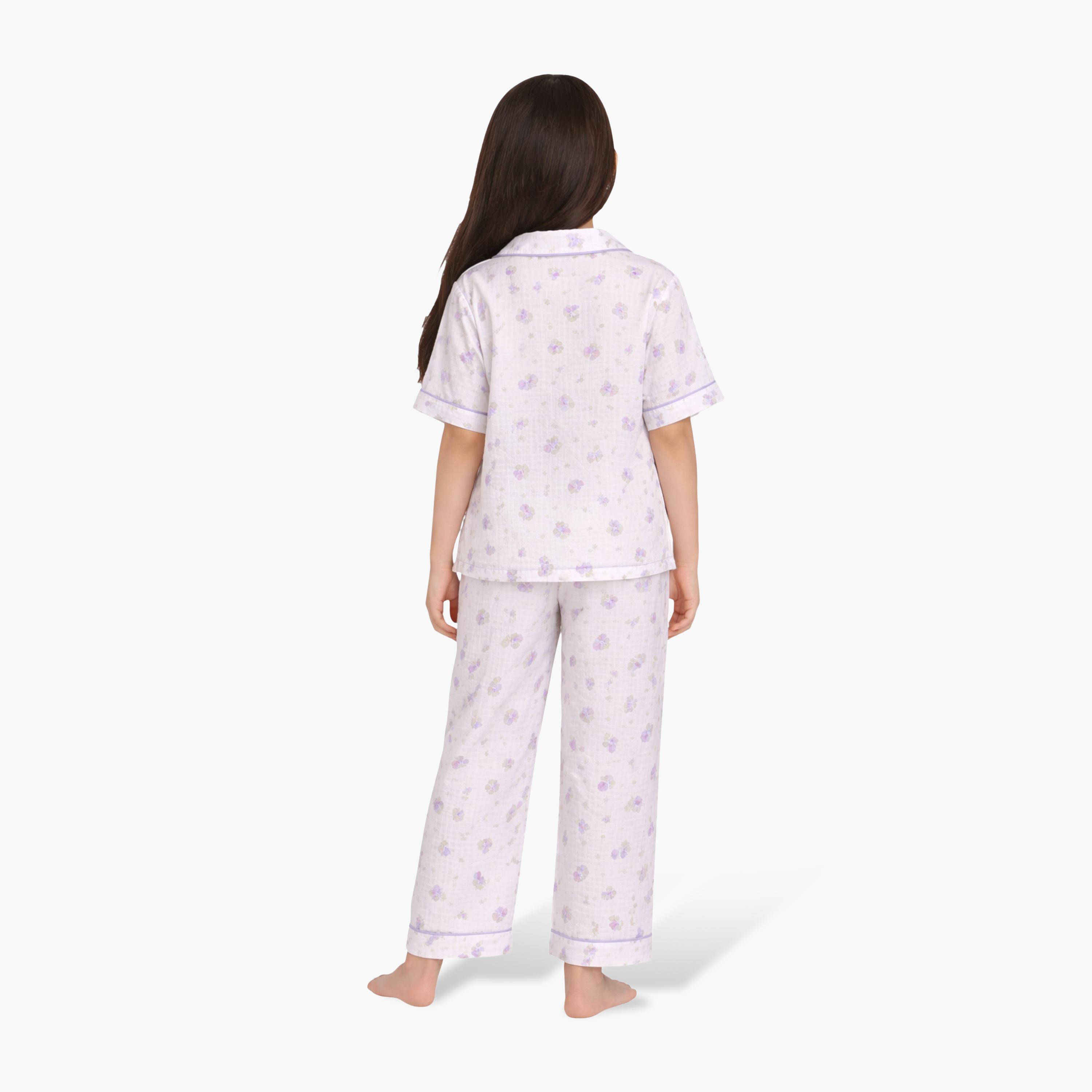 Victor and Jane Floral Printed Muslin Cotton Pyjama Set-girls-clothing-nightwear-image-2