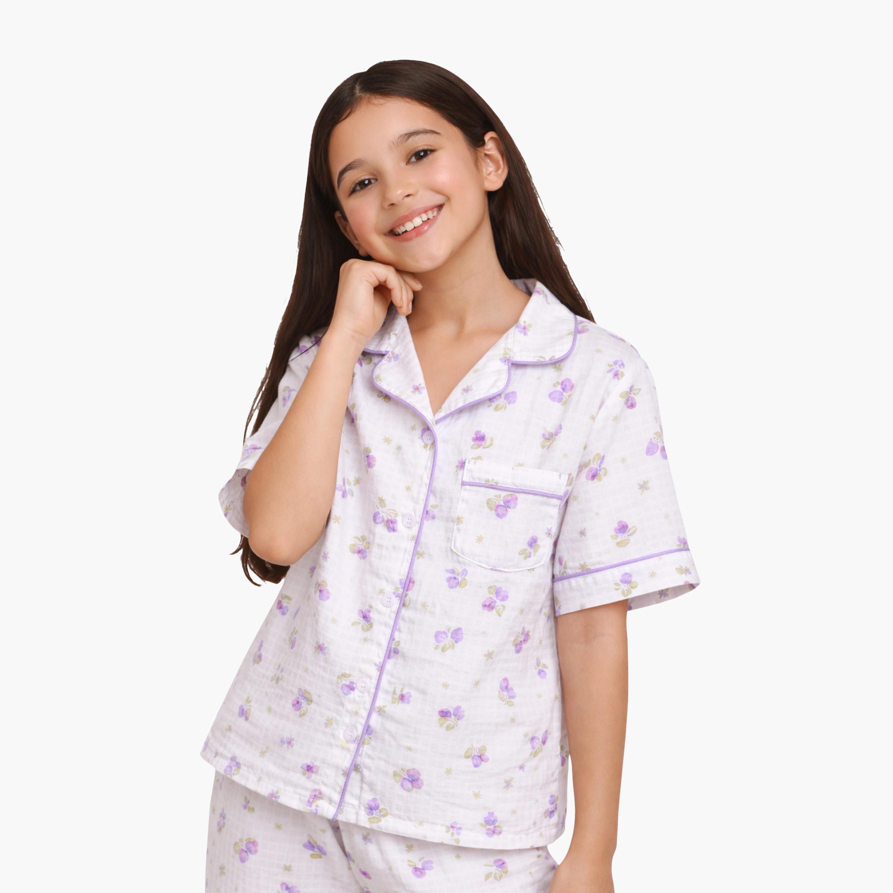 Victor and Jane Floral Printed Muslin Cotton Pyjama Set-girls-clothing-nightwear-image-3