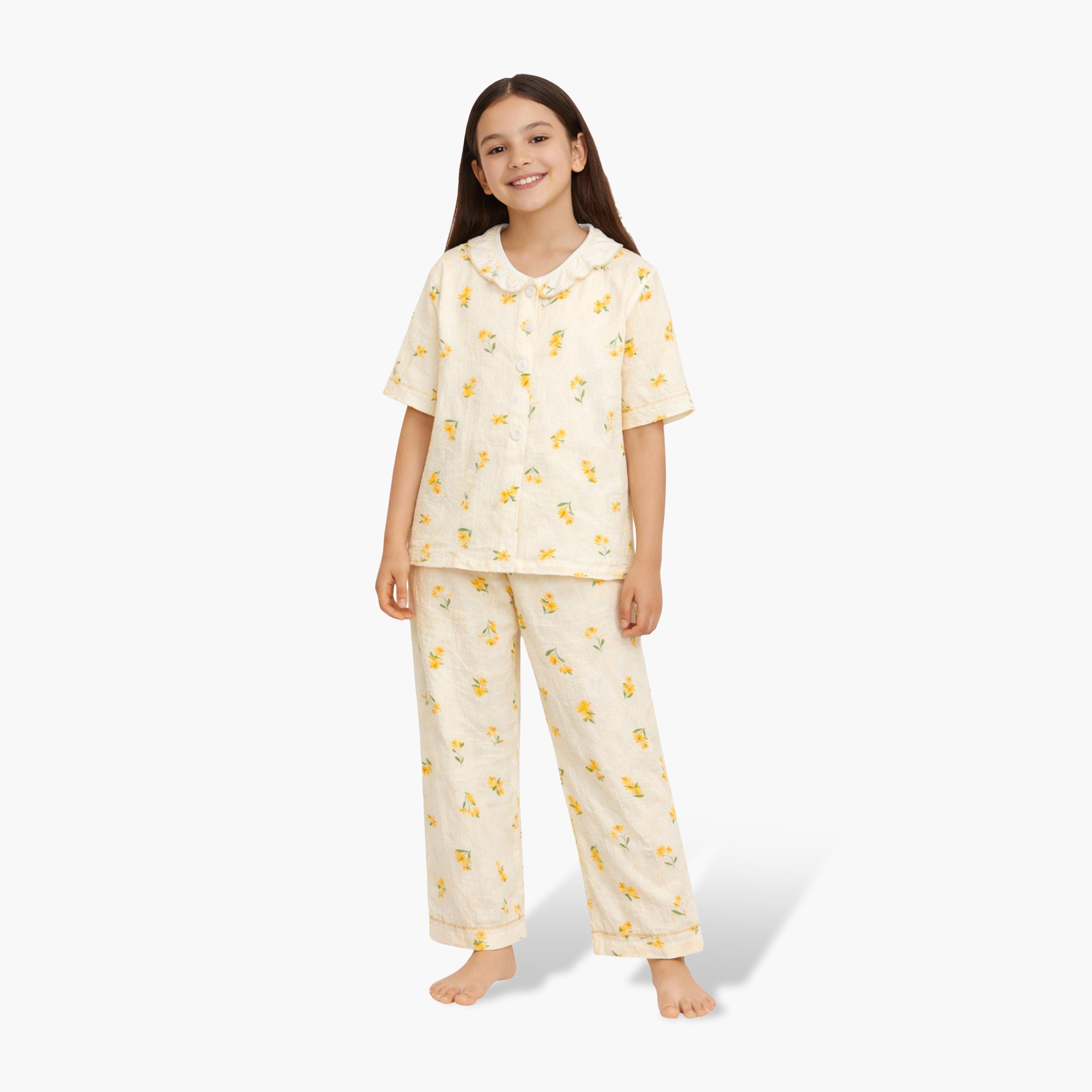 Victor and Jane Floral Printed Muslin Cotton Pyjama Set-girls-clothing-nightwear-image-1