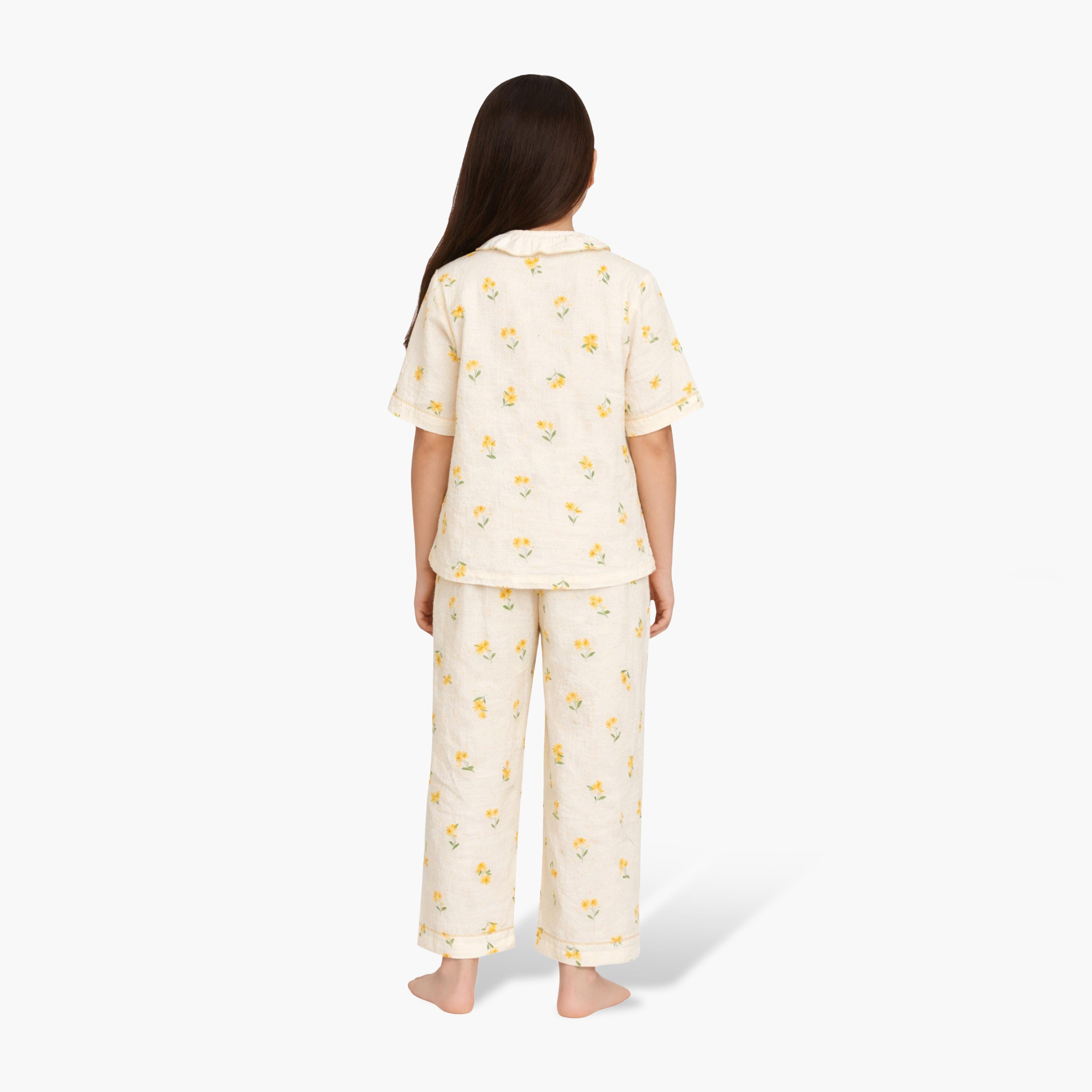 Victor and Jane Floral Printed Muslin Cotton Pyjama Set-girls-clothing-nightwear-image-2