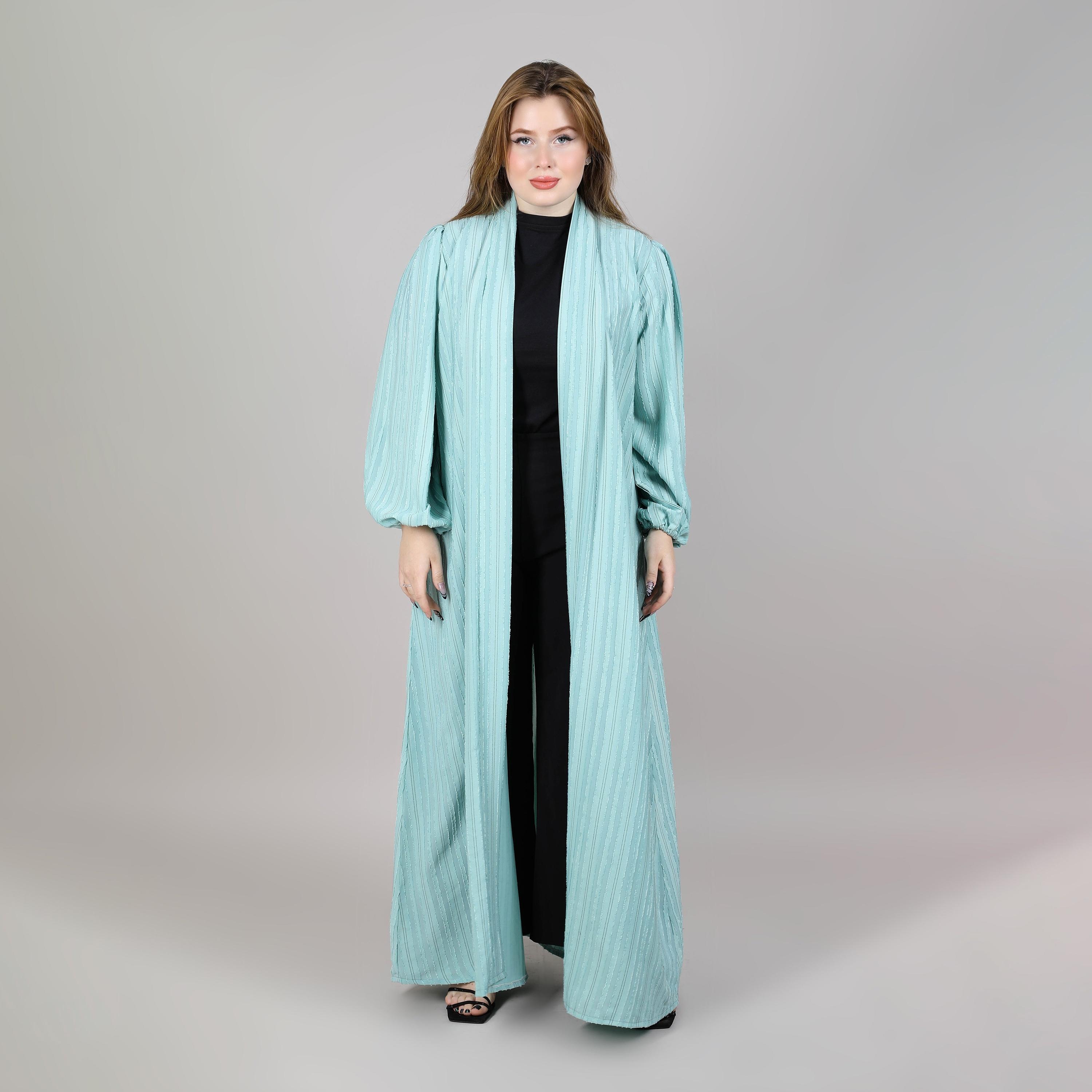 Msquare Fashion Turquoise Balloon Sleeves Subtle Striped Texture Open Women's Abaya-women-arabicclothing-abayas-image-1
