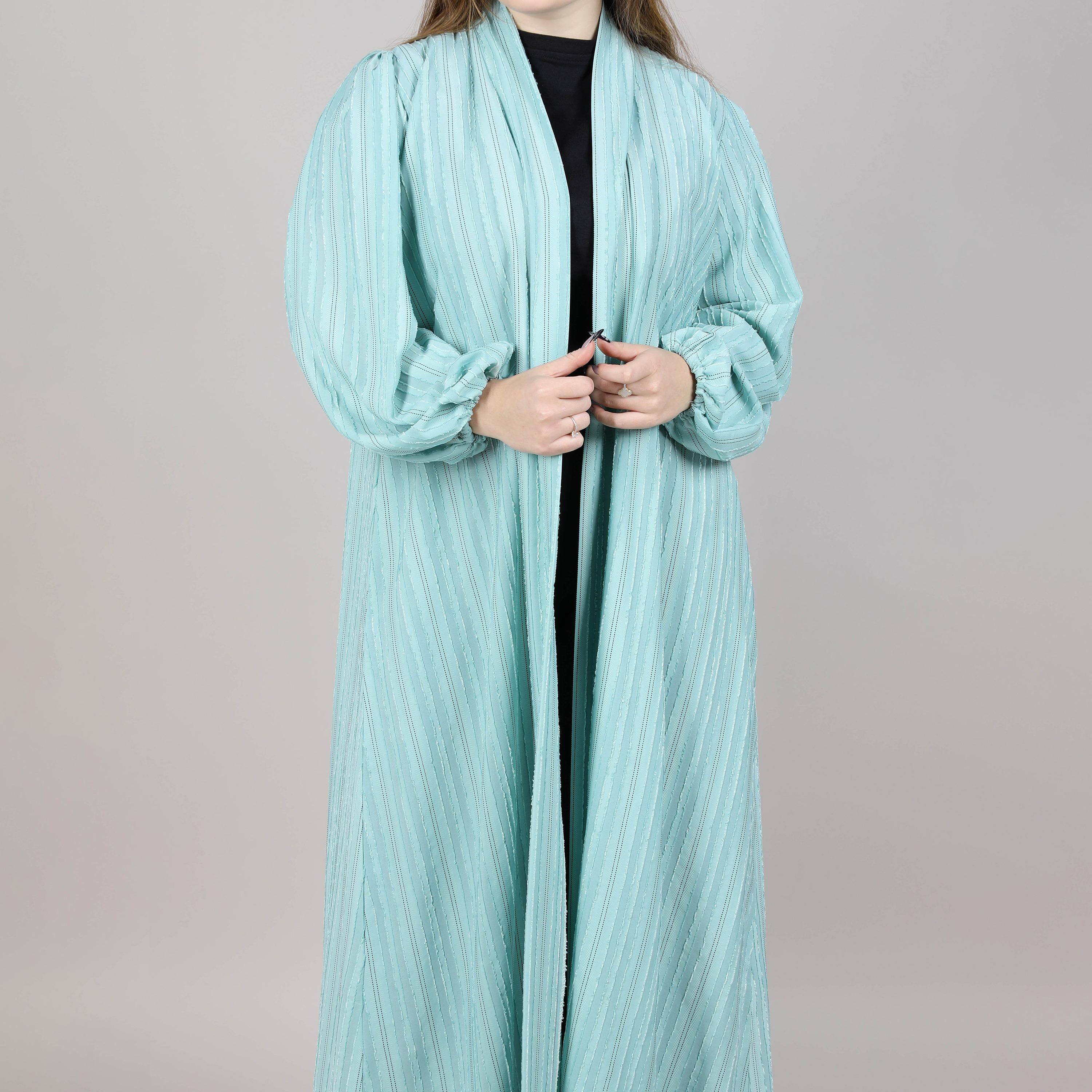 Msquare Fashion Turquoise Balloon Sleeves Subtle Striped Texture Open Women's Abaya-women-arabicclothing-abayas-image-2