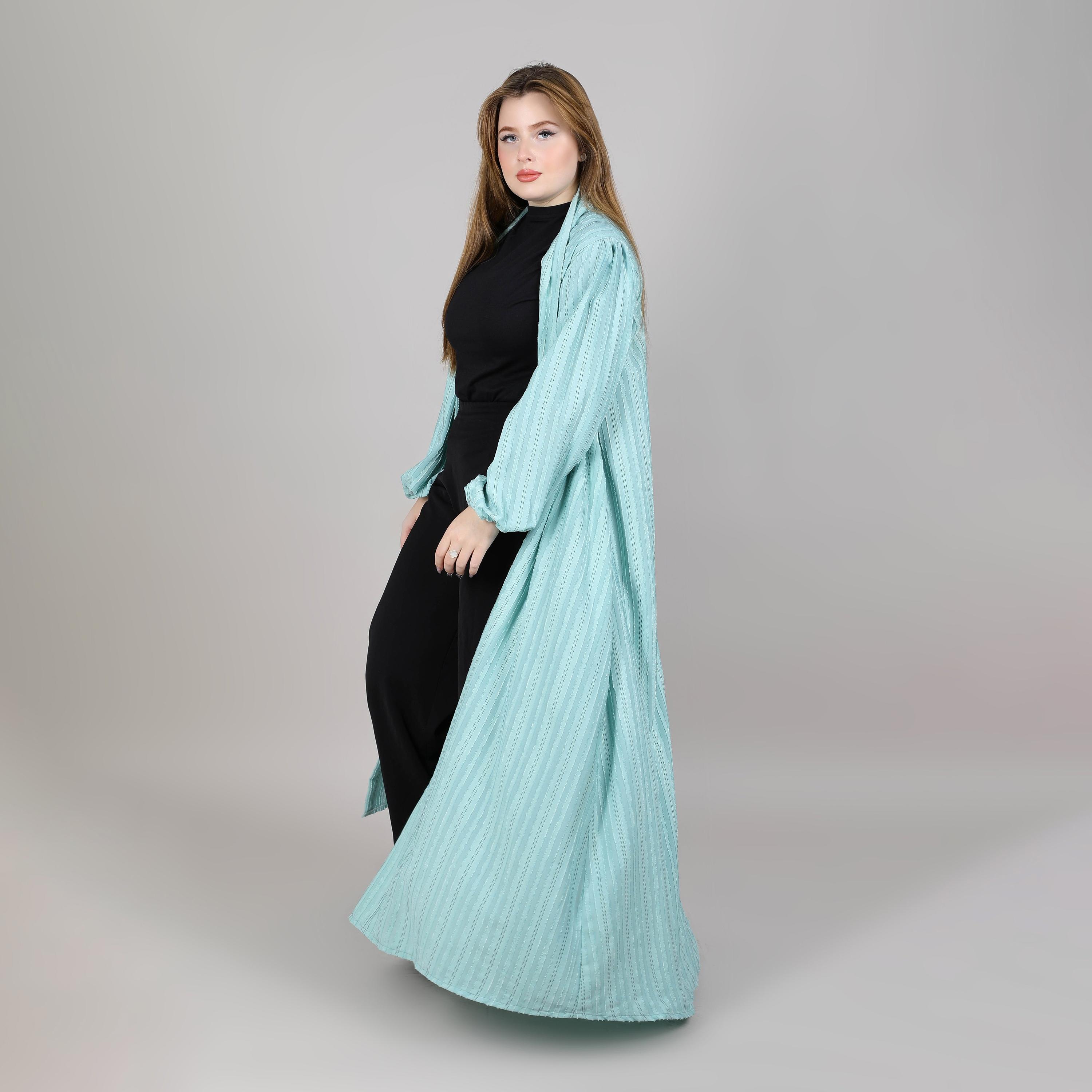 Msquare Fashion Turquoise Balloon Sleeves Subtle Striped Texture Open Women's Abaya-women-arabicclothing-abayas-image-3