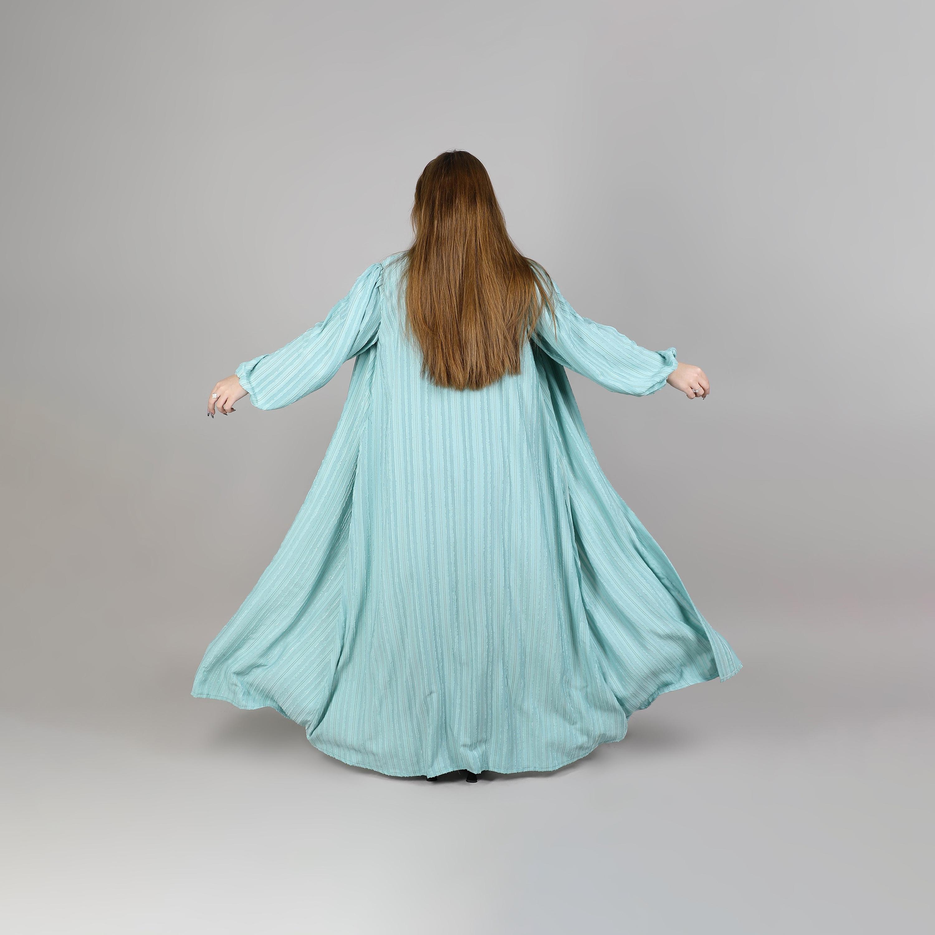 Msquare Fashion Turquoise Balloon Sleeves Subtle Striped Texture Open Women's Abaya-women-arabicclothing-abayas-image-4