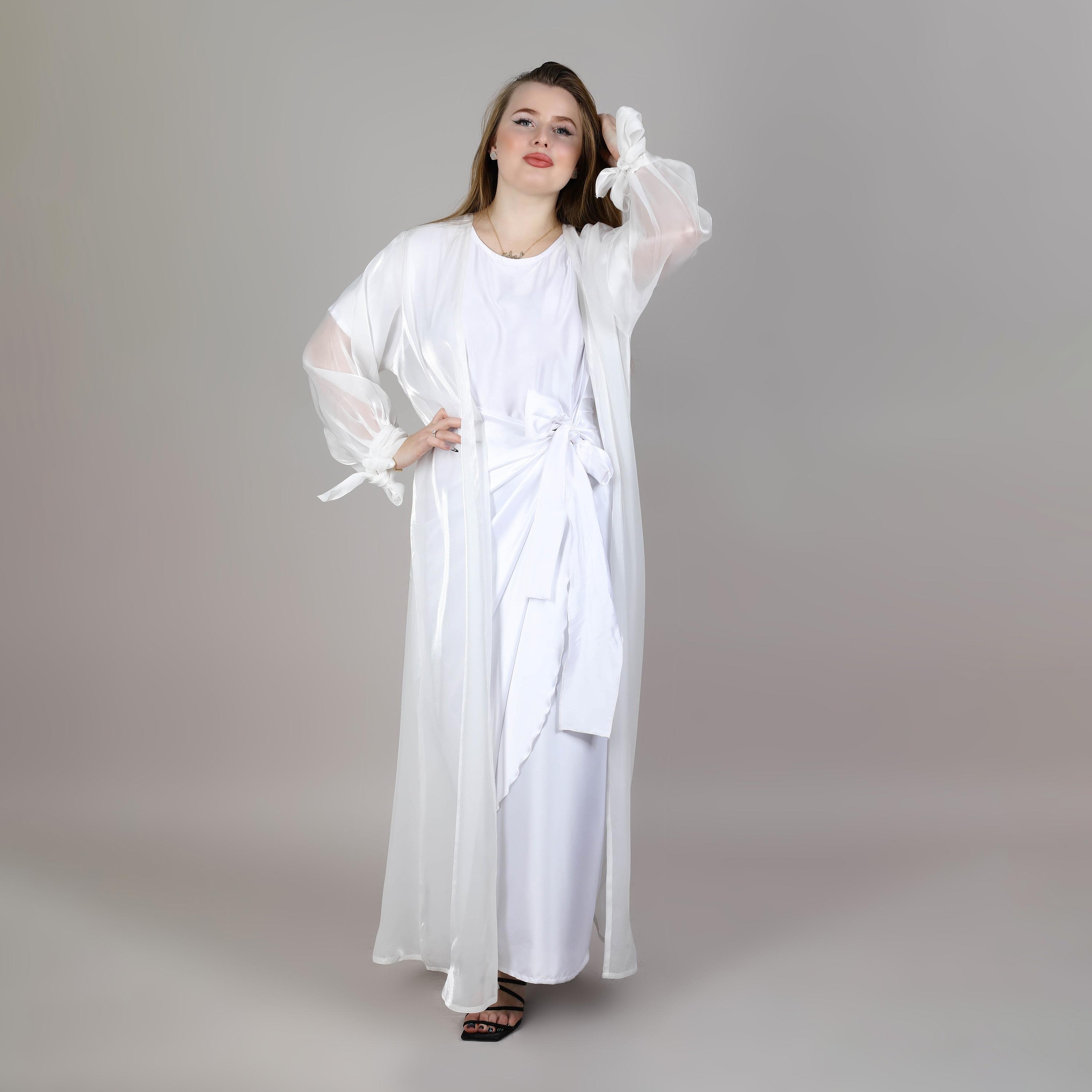 Msquare Fashion White Pleated Sleeves Organza Open Women's Abaya with Inner Dress and Belt-women-arabicclothing-abayas-image-1