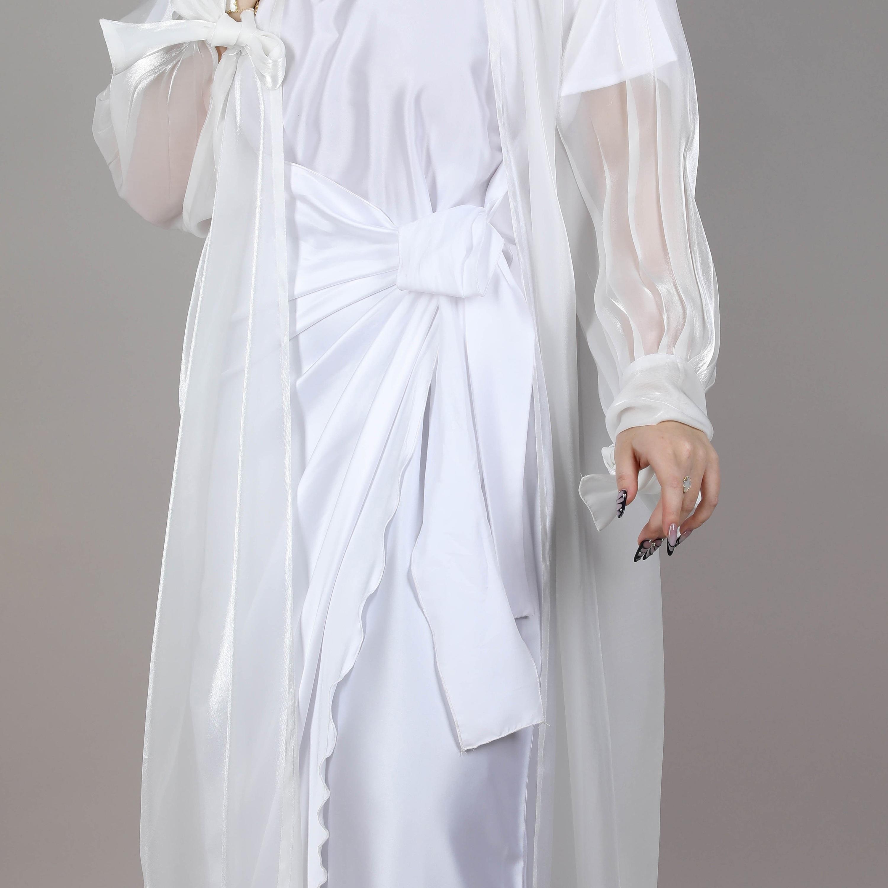 Msquare Fashion White Pleated Sleeves Organza Open Women's Abaya with Inner Dress and Belt-women-arabicclothing-abayas-image-2