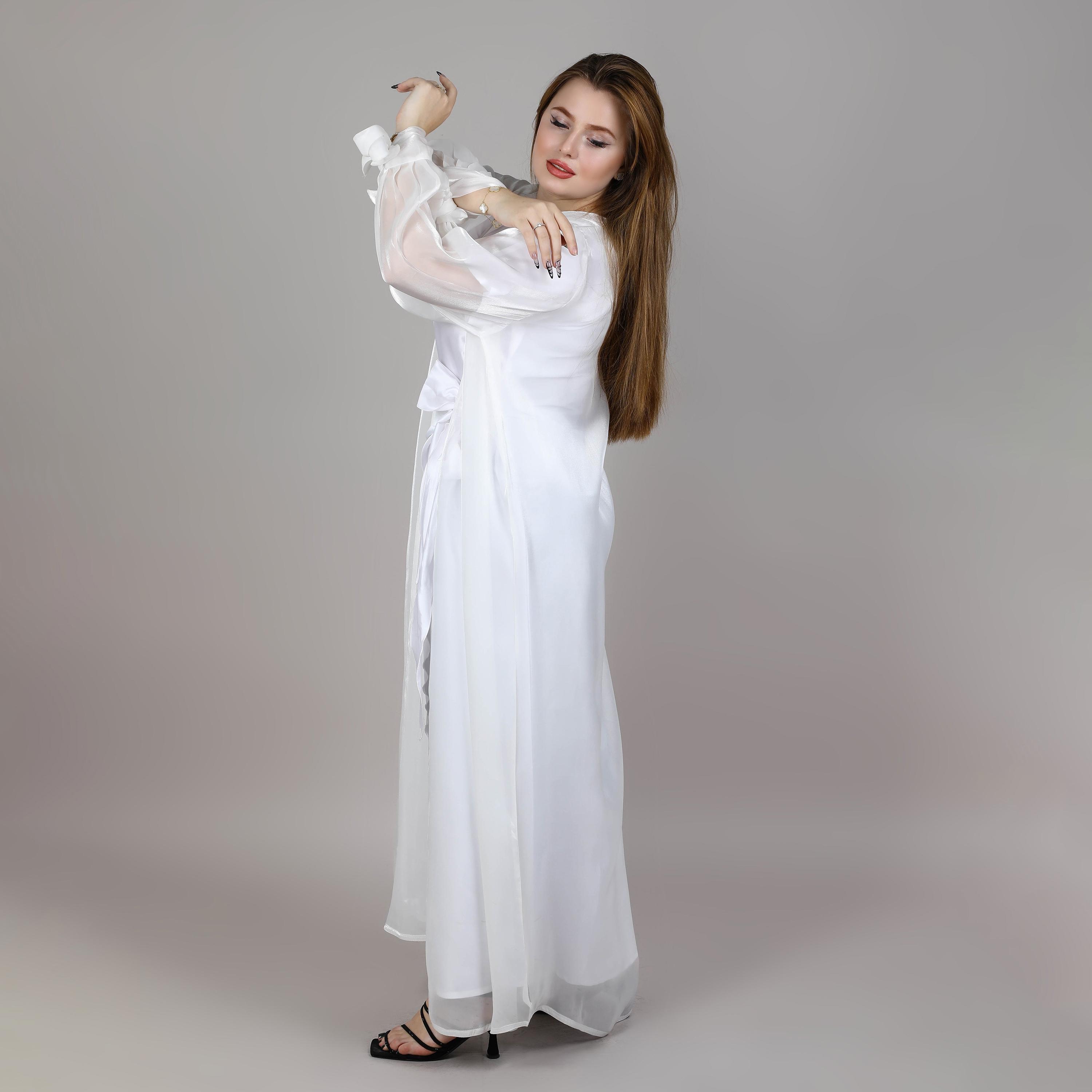 Msquare Fashion White Pleated Sleeves Organza Open Women's Abaya with Inner Dress and Belt-women-arabicclothing-abayas-image-3