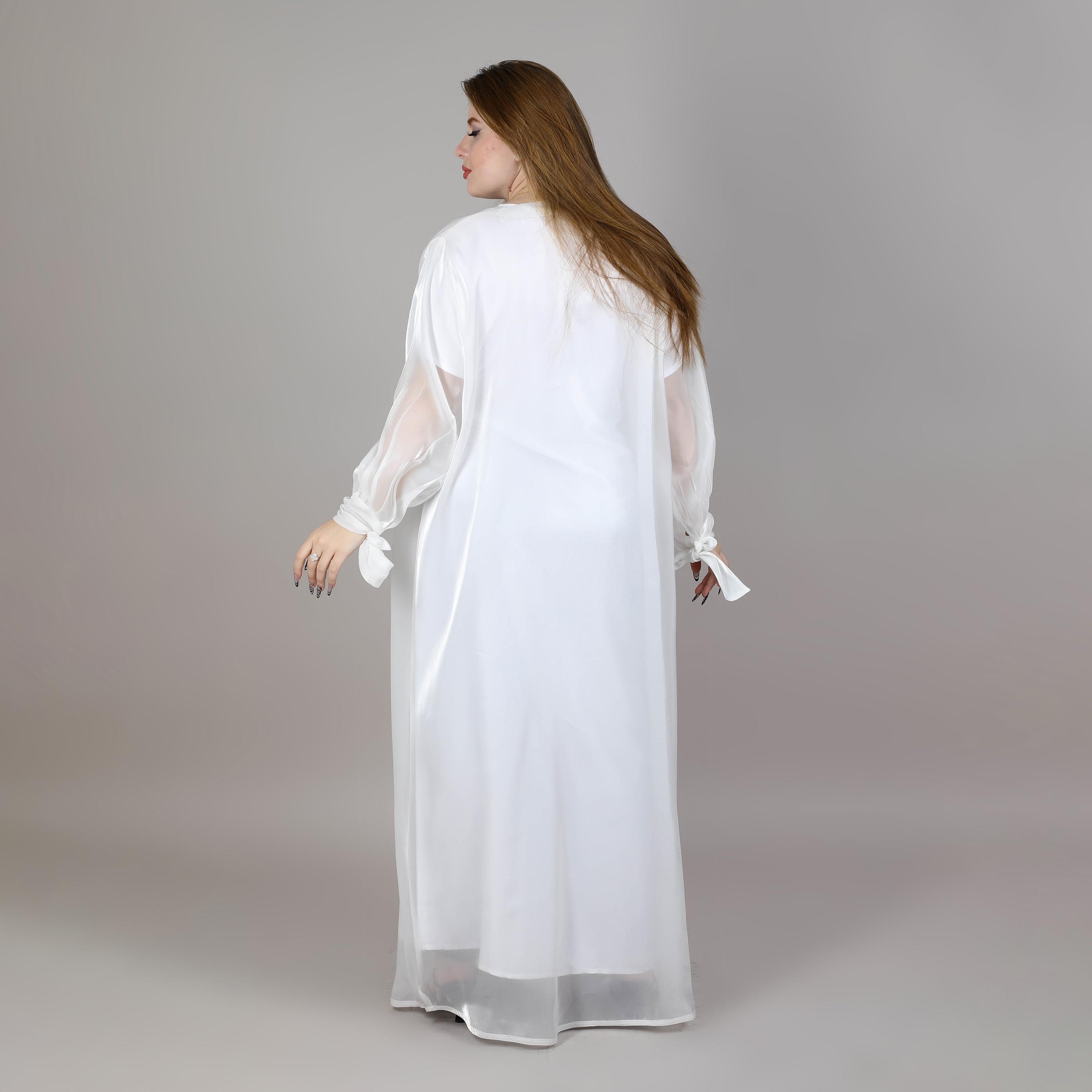 Msquare Fashion White Pleated Sleeves Organza Open Women's Abaya with Inner Dress and Belt-women-arabicclothing-abayas-image-4