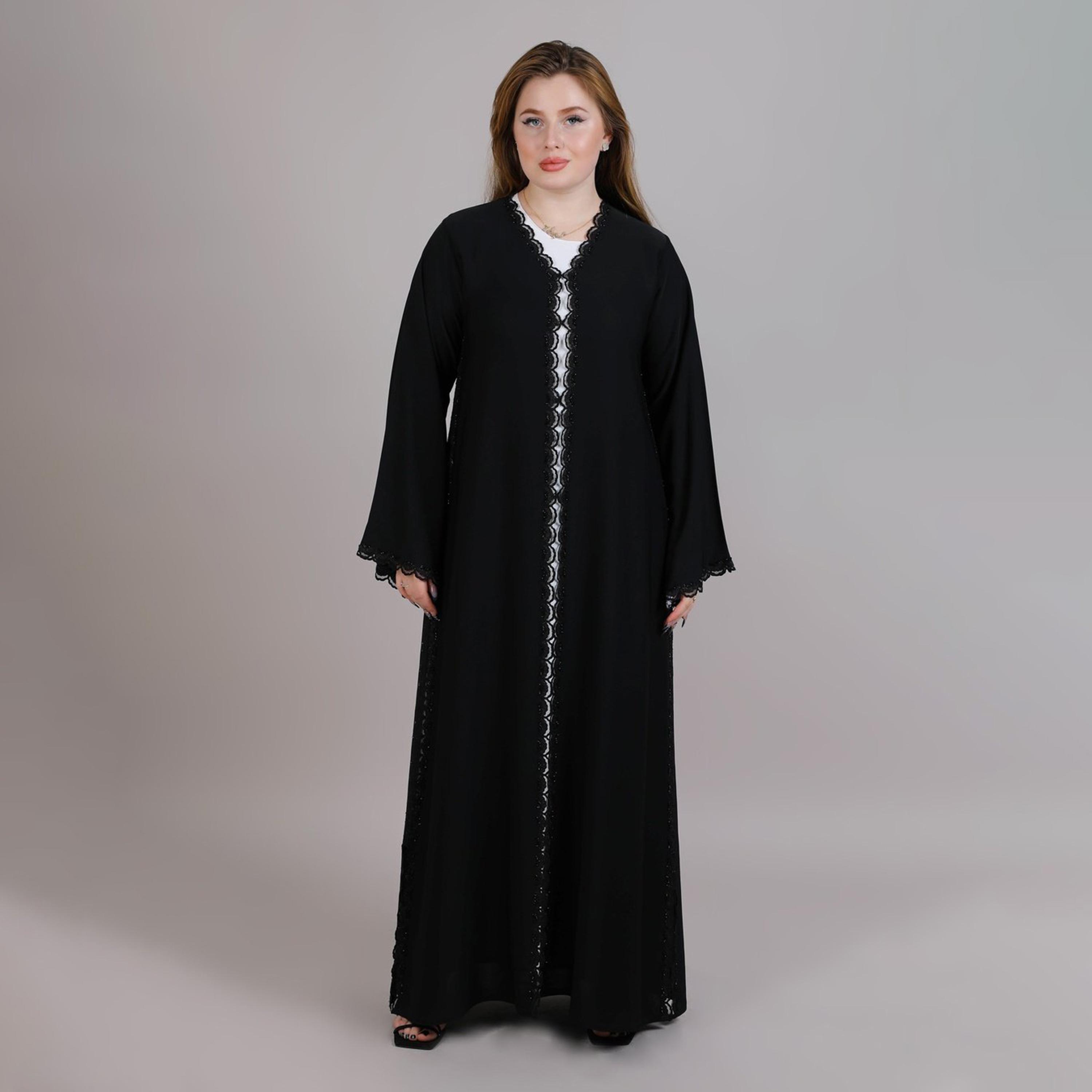 عباية نسائية نيدا مفتوحة من الأمام بأكمام واسعة وتطريز دانتيل صدفي باللون الأسود من إم سكوير فاشون-women-arabicclothing-abayas-image-1