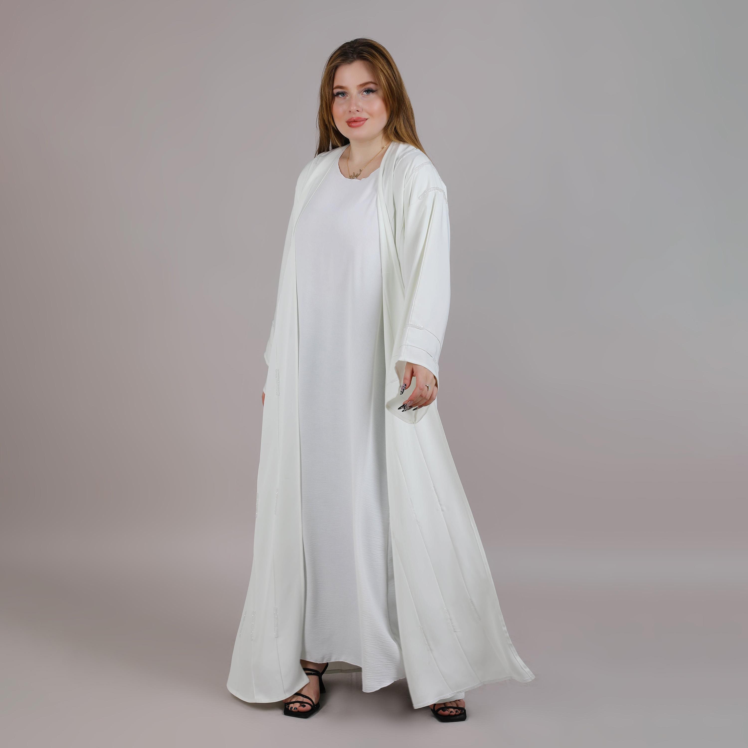 Msquare Fashion Green Wide Sleeves Embellished Nida Open Front Women's Abaya-women-arabicclothing-abayas-image-1