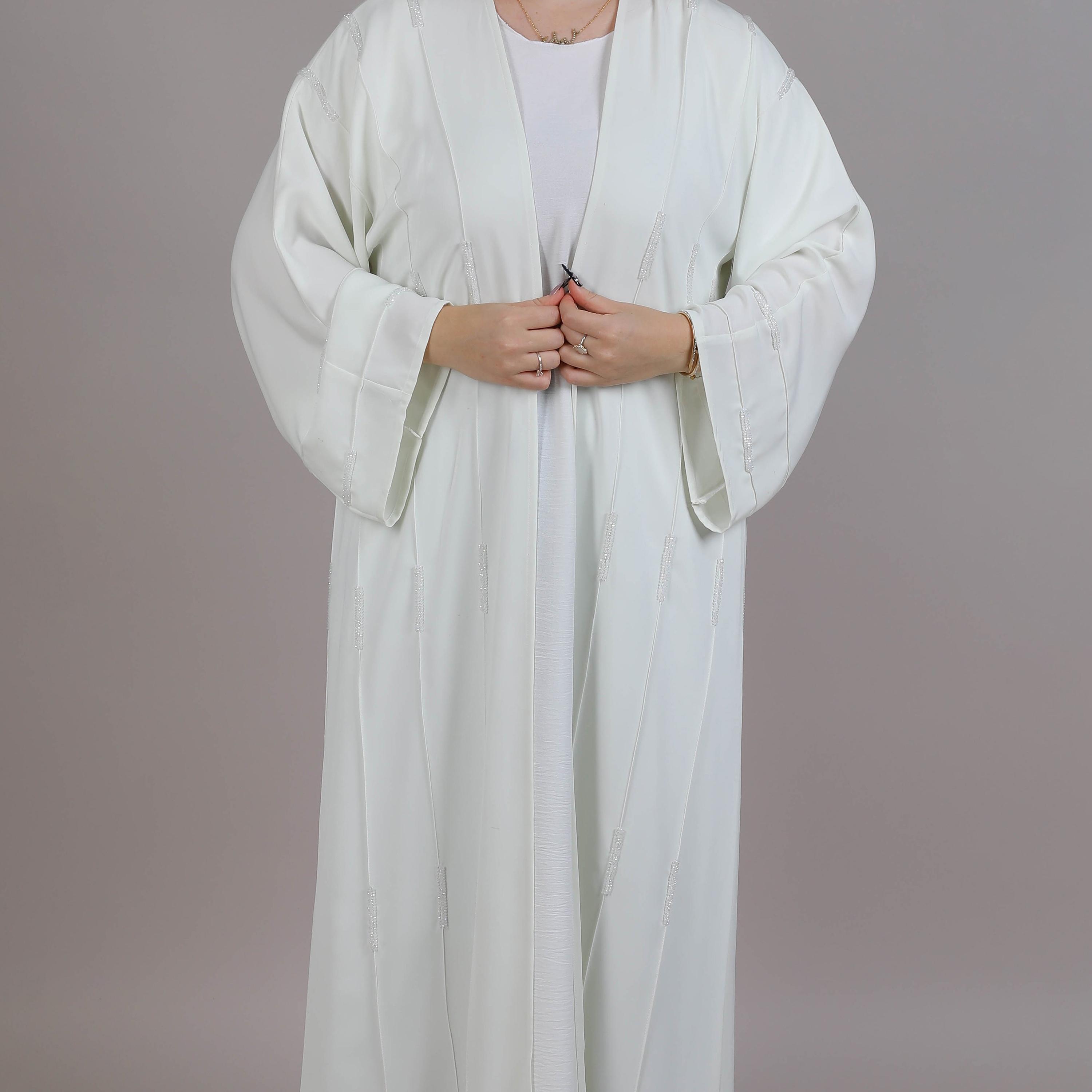 Msquare Fashion Green Wide Sleeves Embellished Nida Open Front Women's Abaya-women-arabicclothing-abayas-image-2