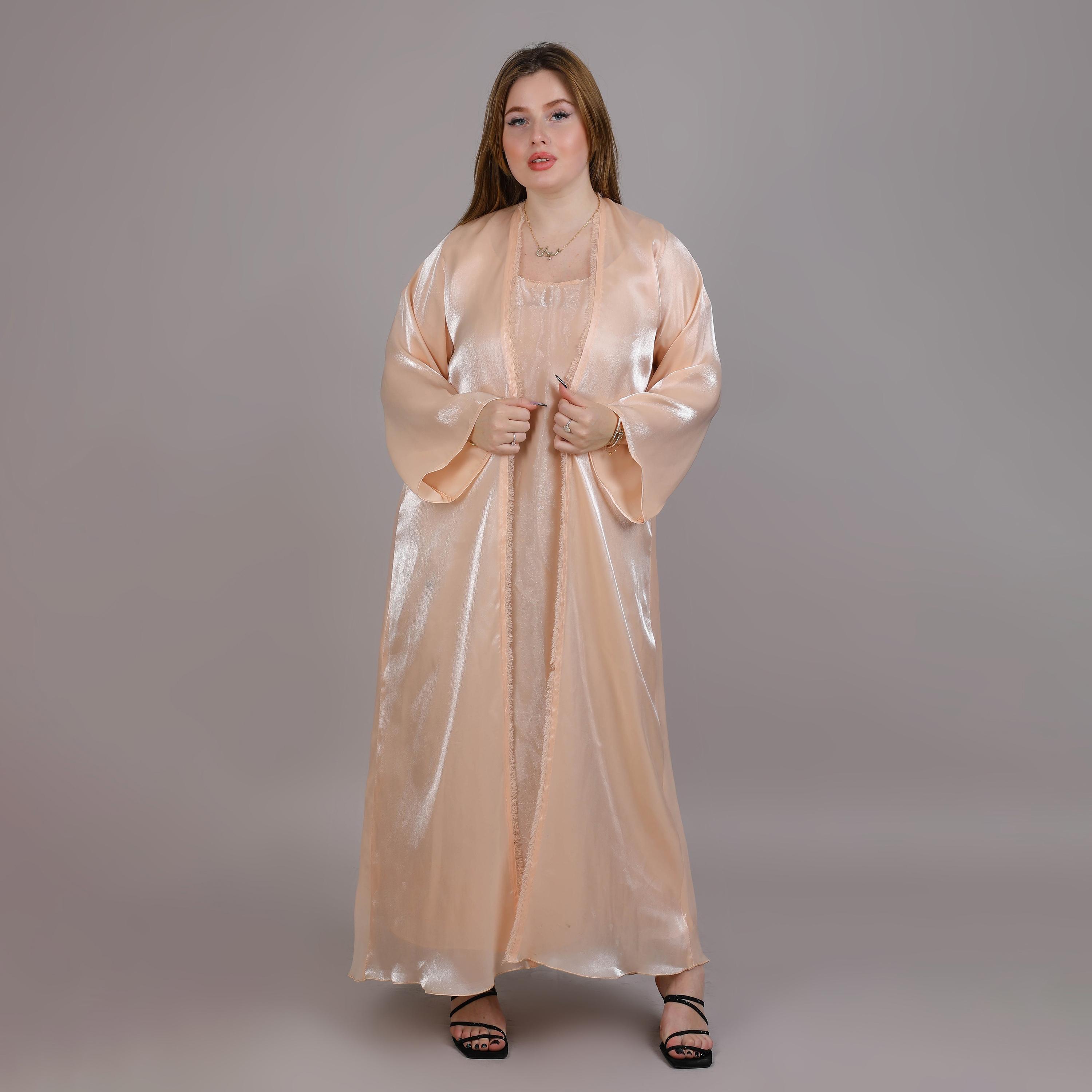 Msquare Fashion Peach Fringe Trimming Organza Open Front Women's Abaya-women-arabicclothing-abayas-image-1