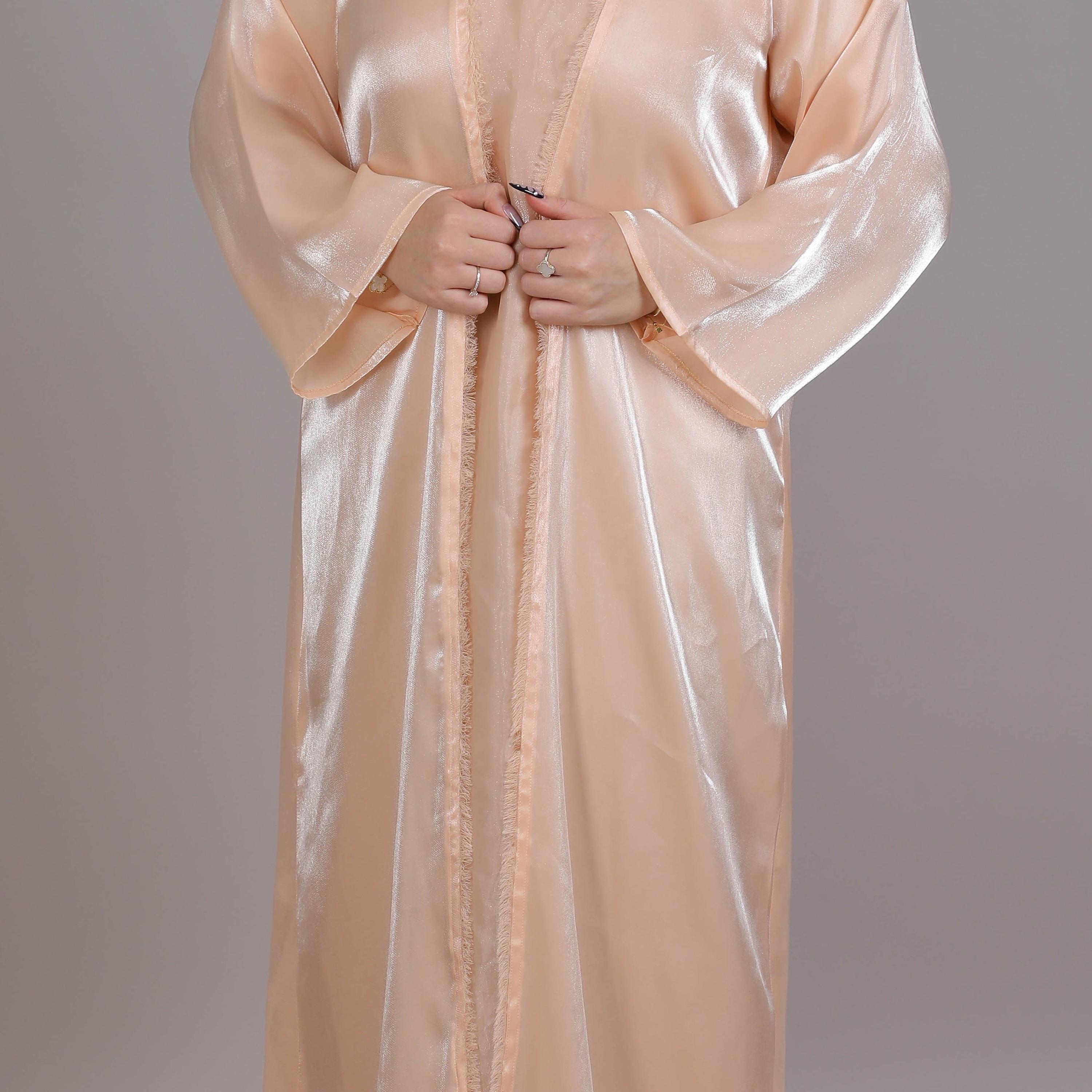 Msquare Fashion Peach Fringe Trimming Organza Open Front Women's Abaya-women-arabicclothing-abayas-image-2