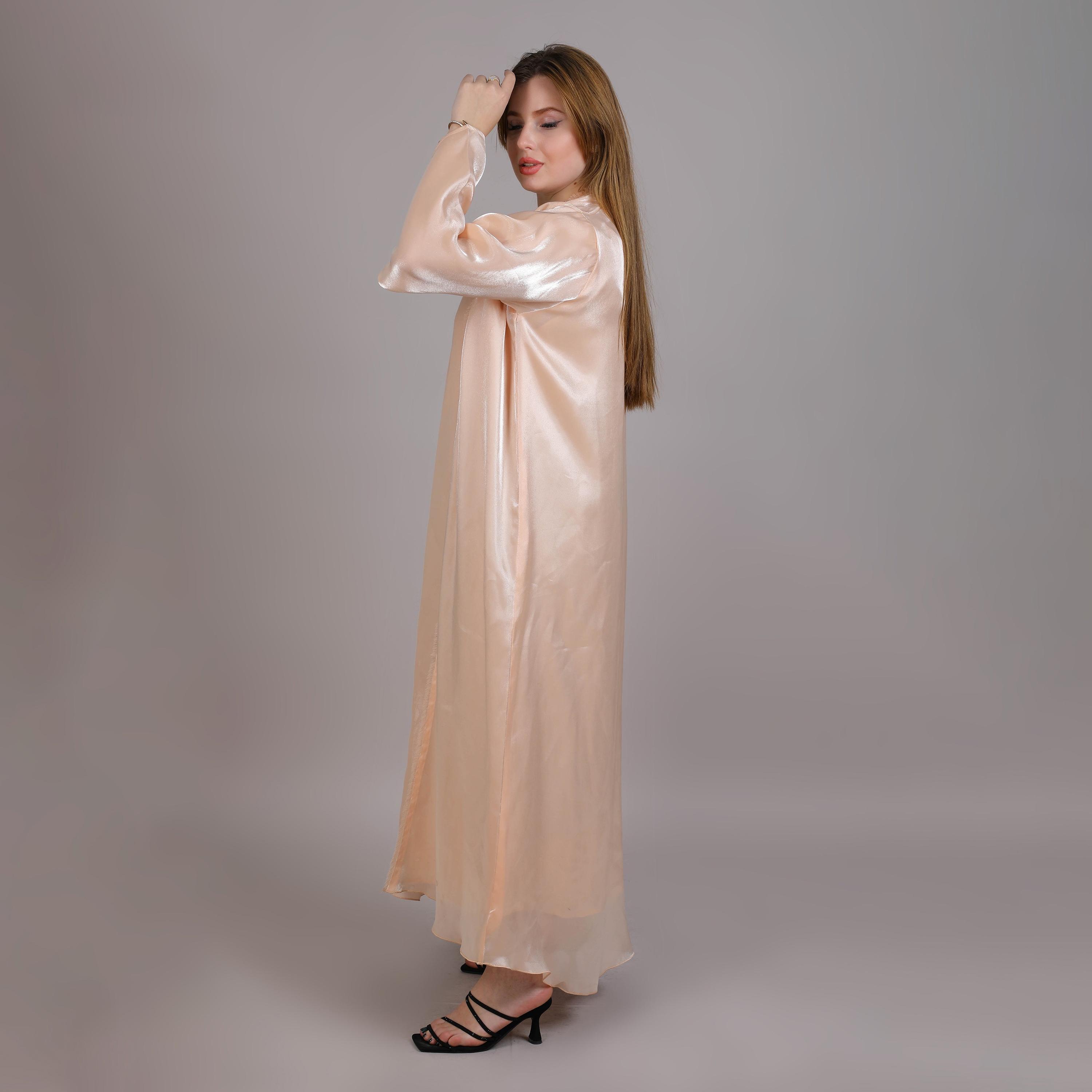 Msquare Fashion Peach Fringe Trimming Organza Open Front Women's Abaya-women-arabicclothing-abayas-image-3