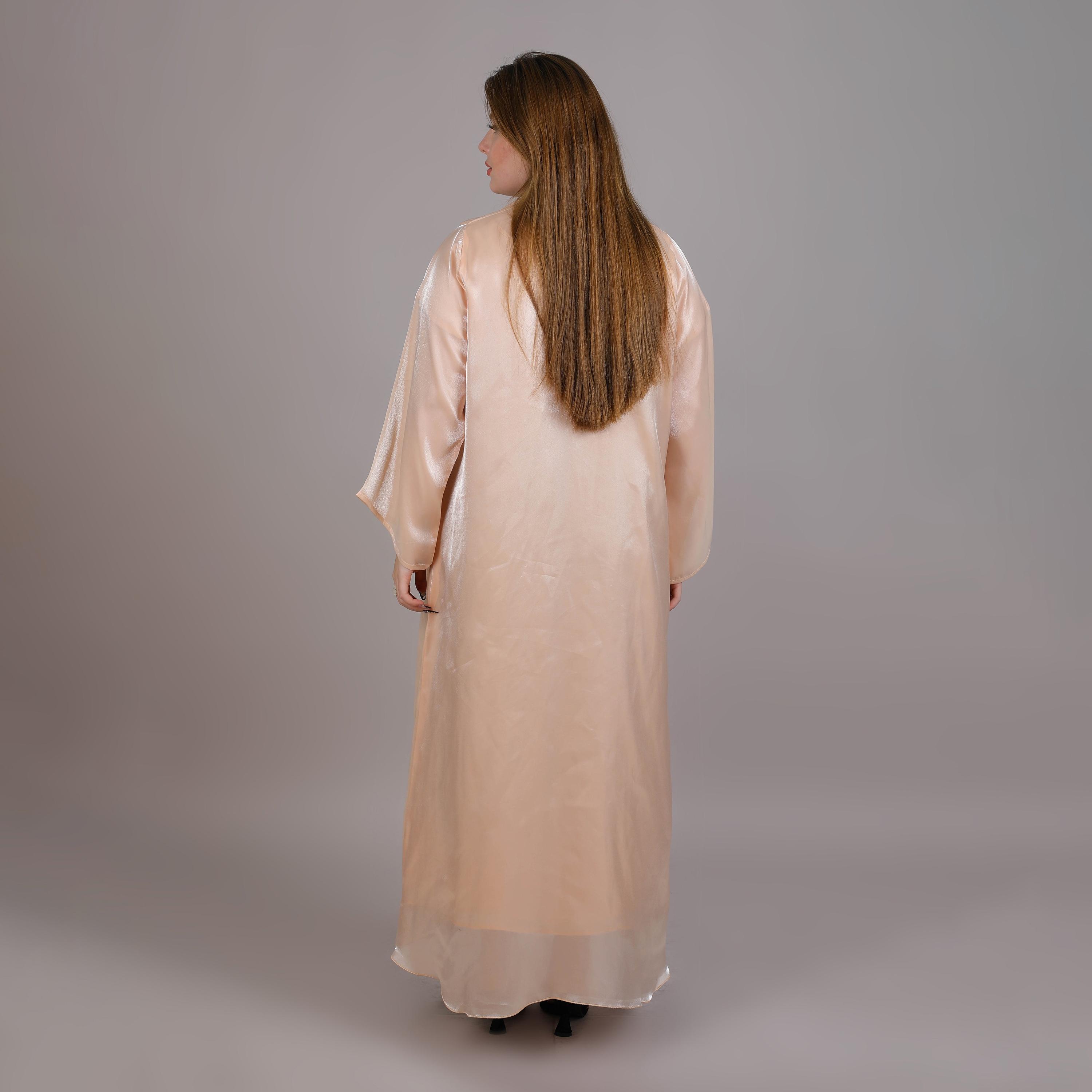Msquare Fashion Peach Fringe Trimming Organza Open Front Women's Abaya-women-arabicclothing-abayas-image-4