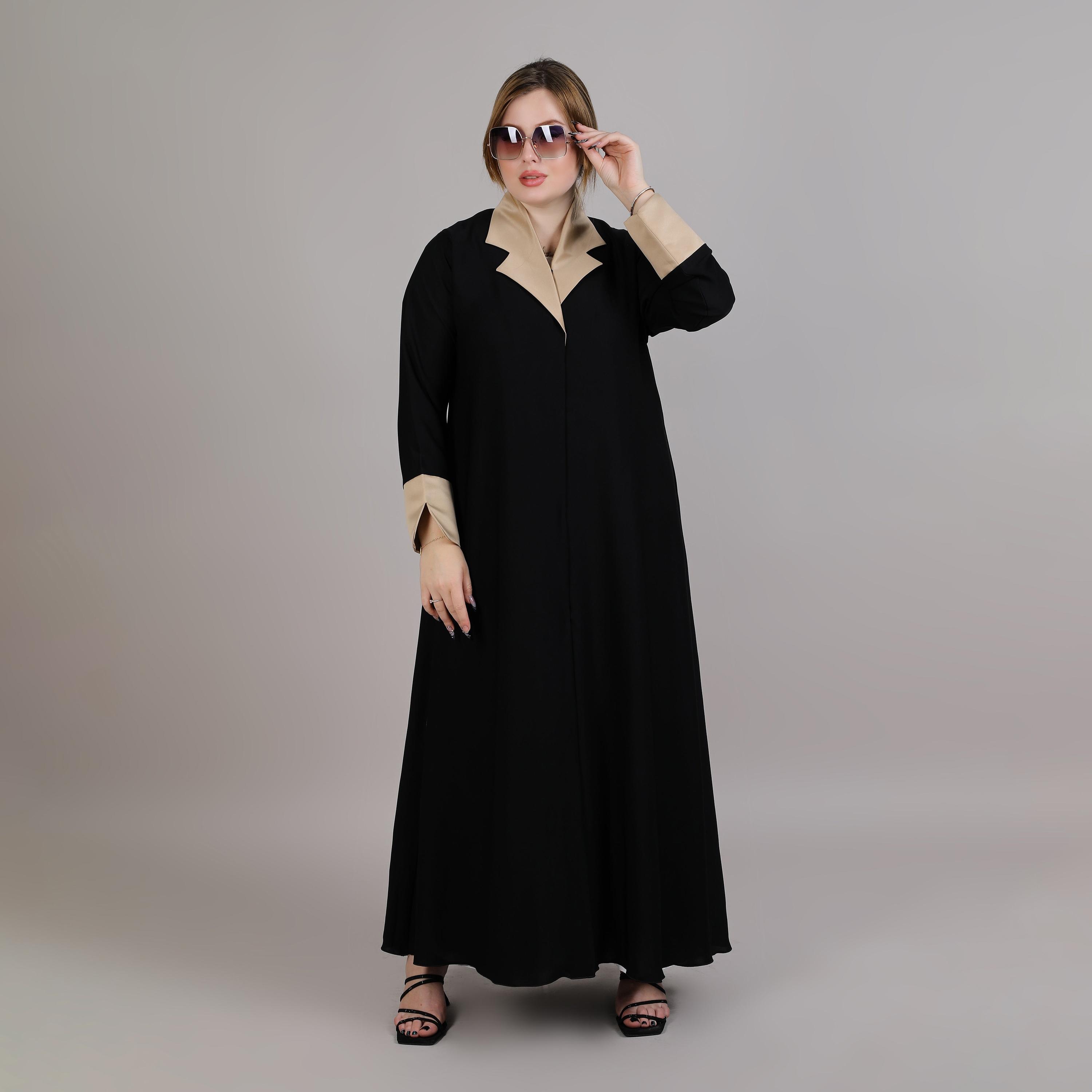 Msquare Fashion Black Lapel Collar Women's Abaya-women-arabicclothing-abayas-image-1