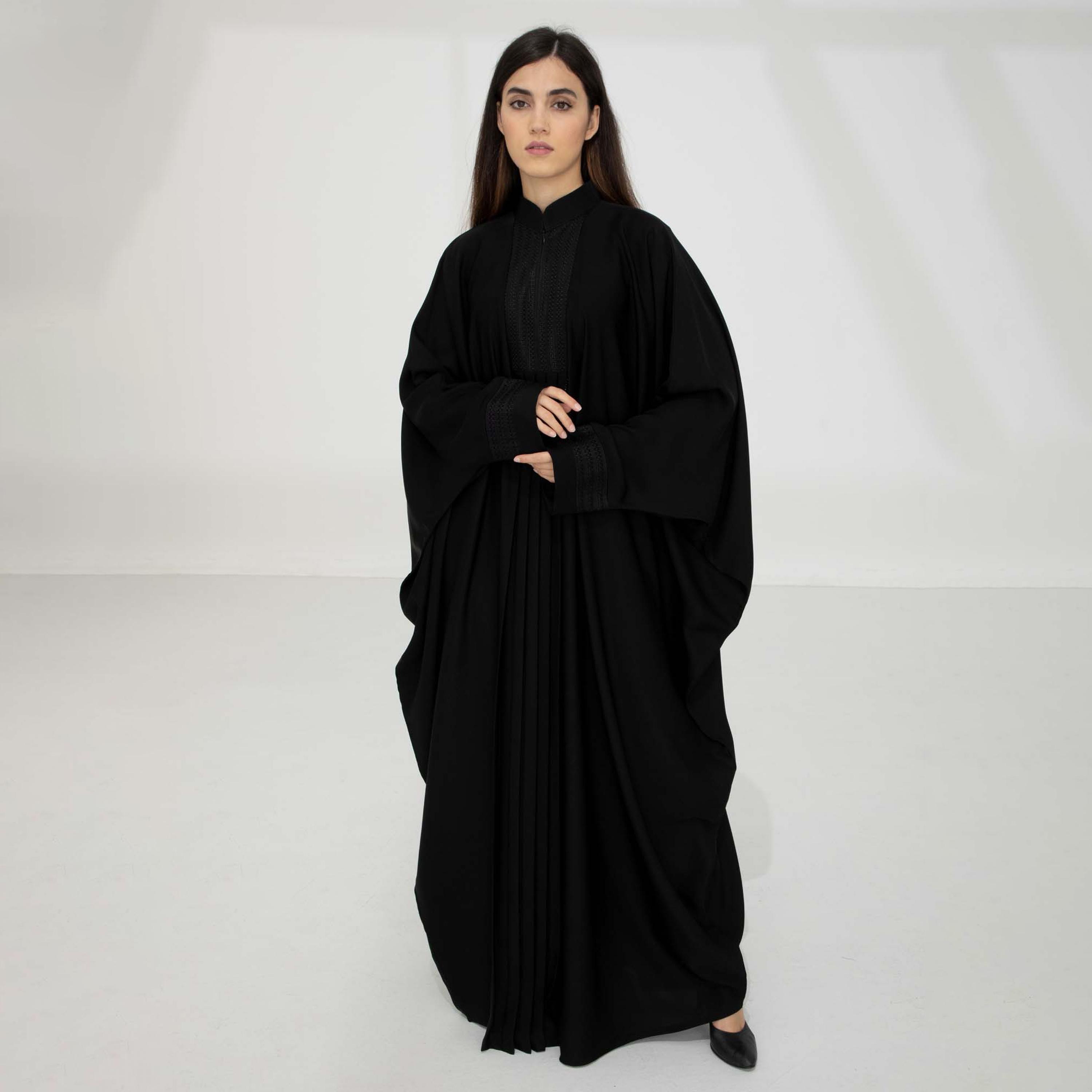 Msquare Fashion Black Embroidered Mandarin Collar Batwing Sleeves Nida Women's Abaya-women-arabicclothing-abayas-image-1