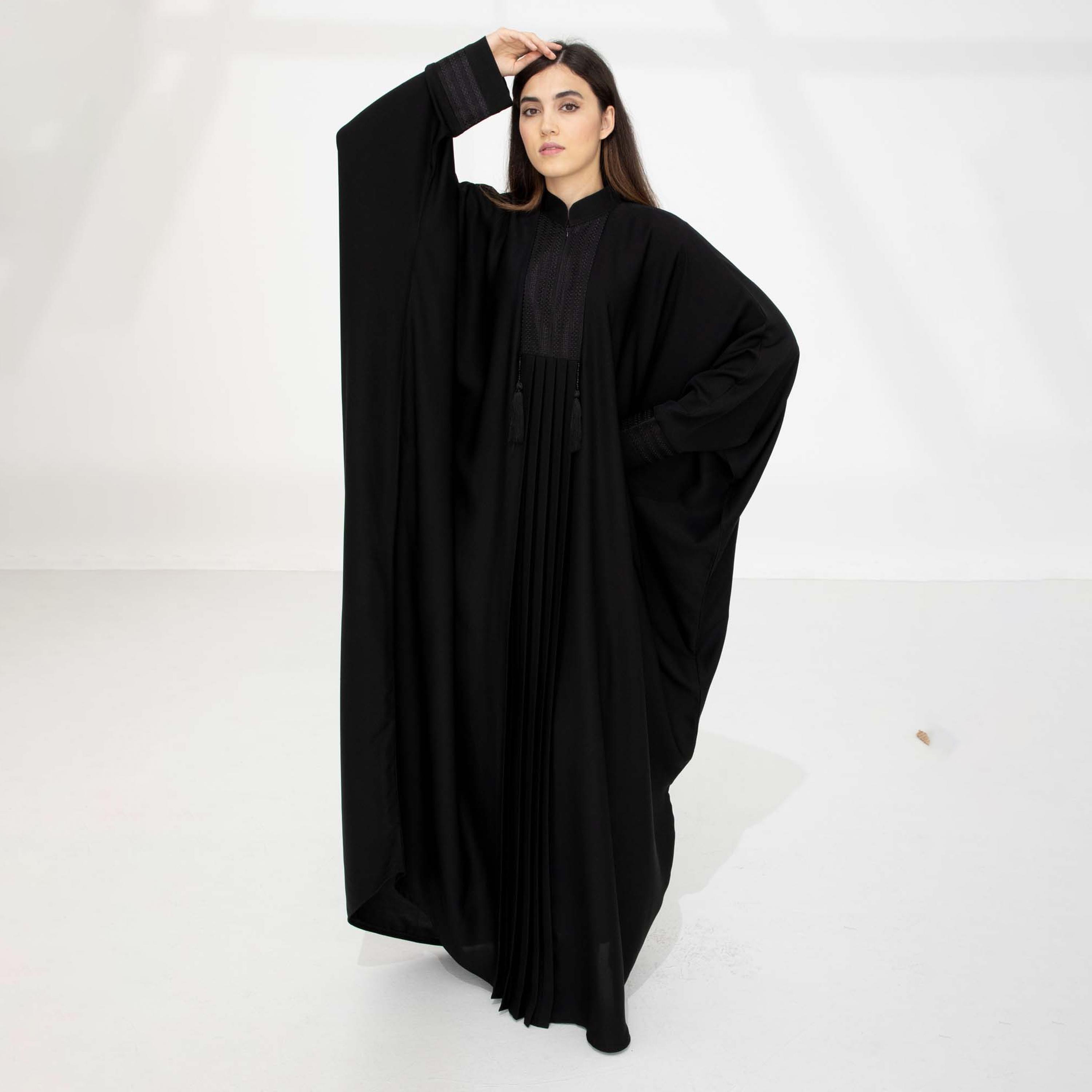 Msquare Fashion Black Embroidered Mandarin Collar Batwing Sleeves Nida Women's Abaya-women-arabicclothing-abayas-image-2
