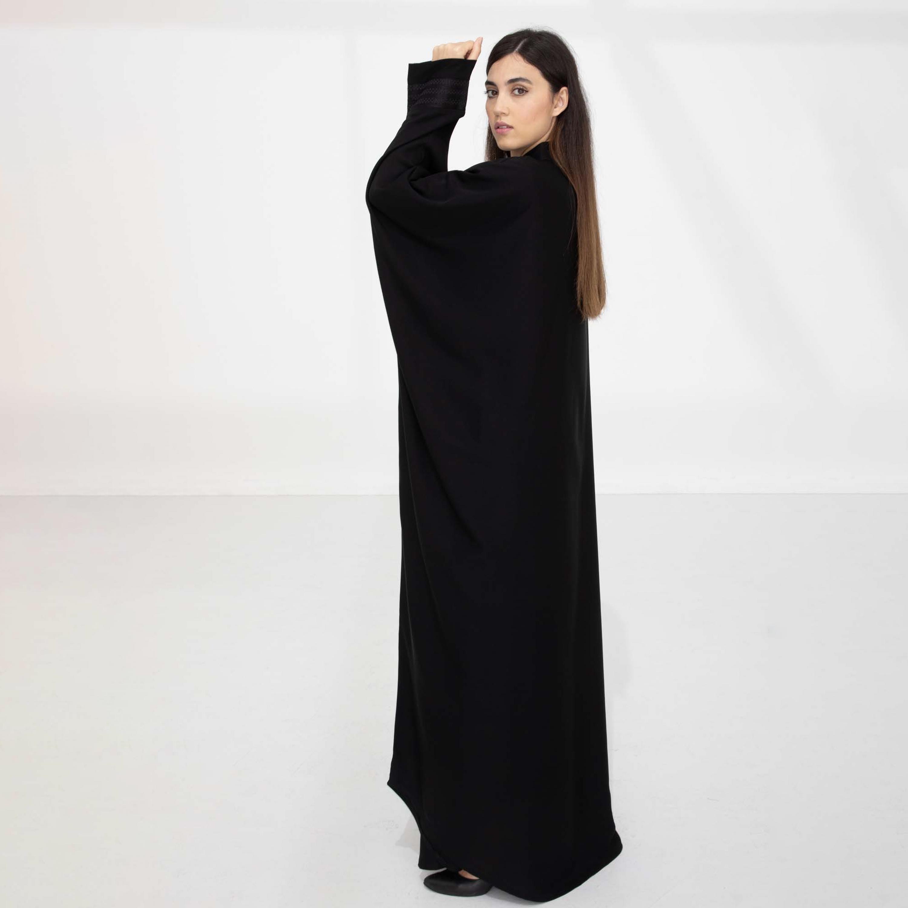 Msquare Fashion Black Embroidered Mandarin Collar Batwing Sleeves Nida Women's Abaya-women-arabicclothing-abayas-image-4
