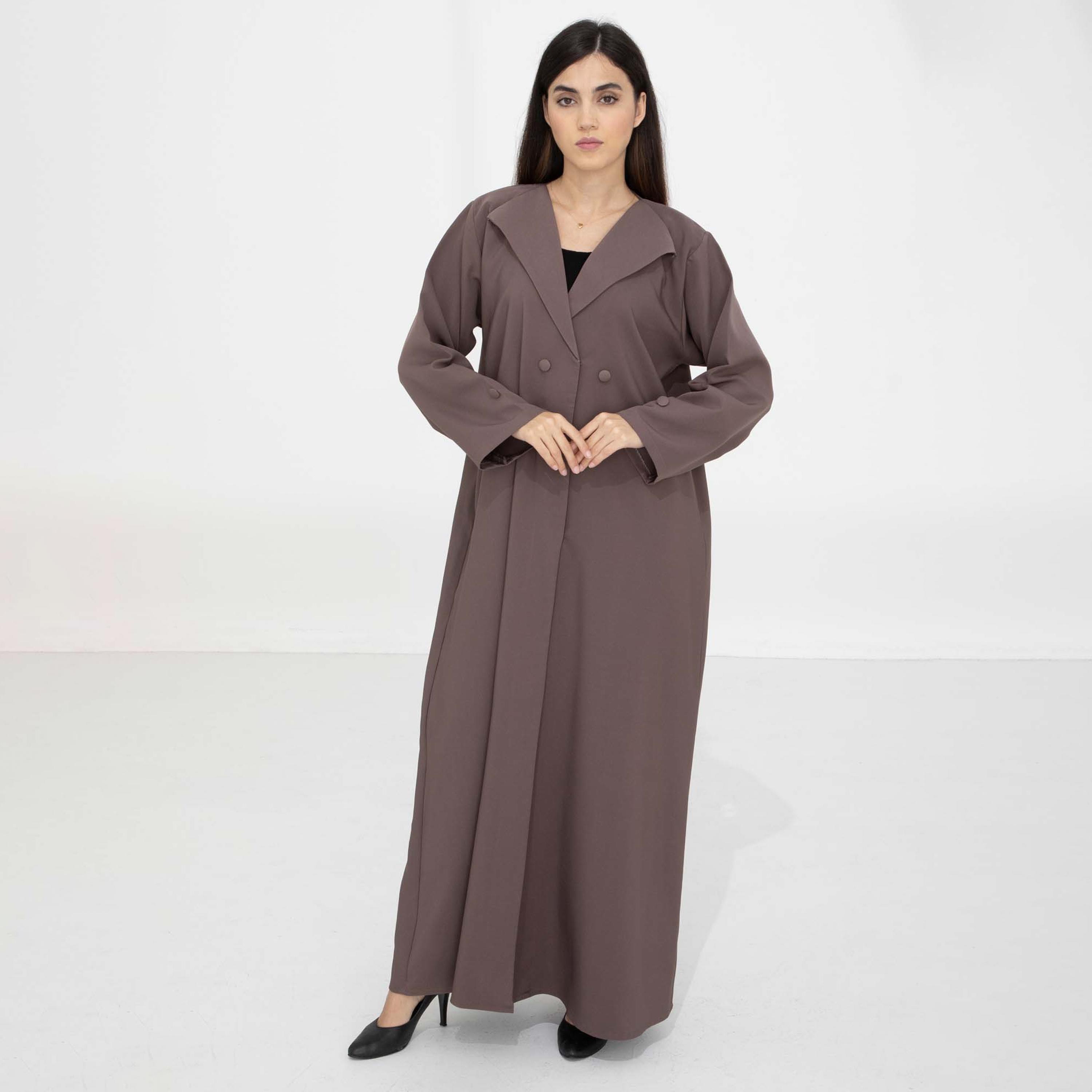 Msquare Fashion Brown Lapel Collar Barbie Crepe Women's Abaya with Hijab-women-arabicclothing-abayas-image-1
