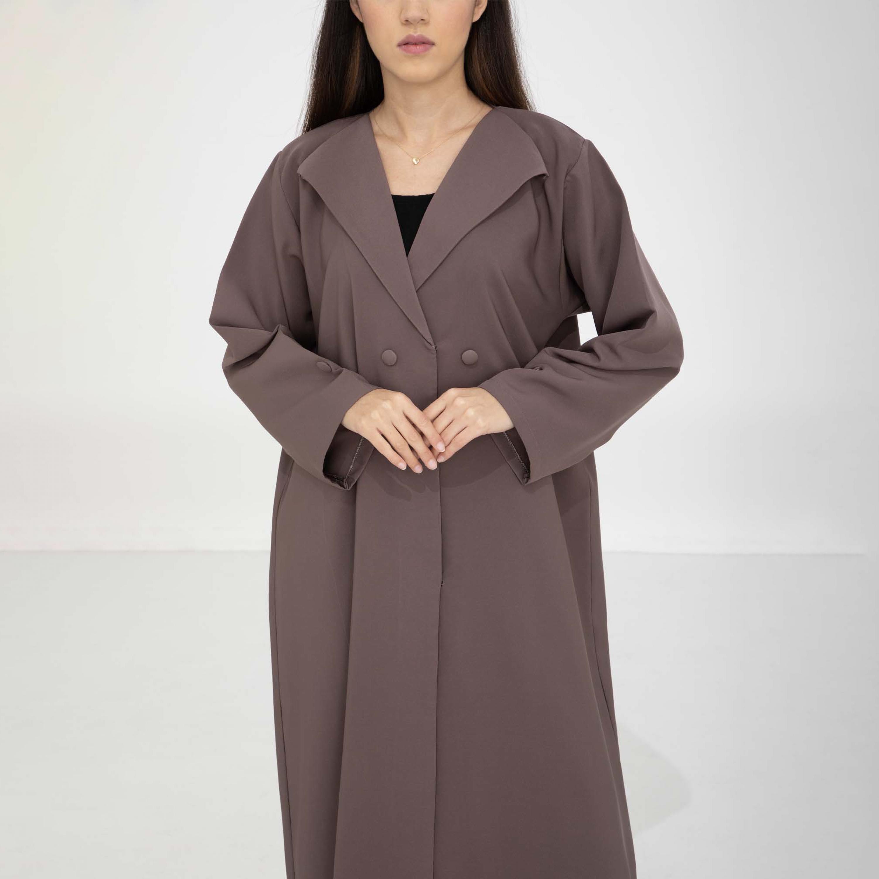 Msquare Fashion Brown Lapel Collar Barbie Crepe Women's Abaya with Hijab-women-arabicclothing-abayas-image-2
