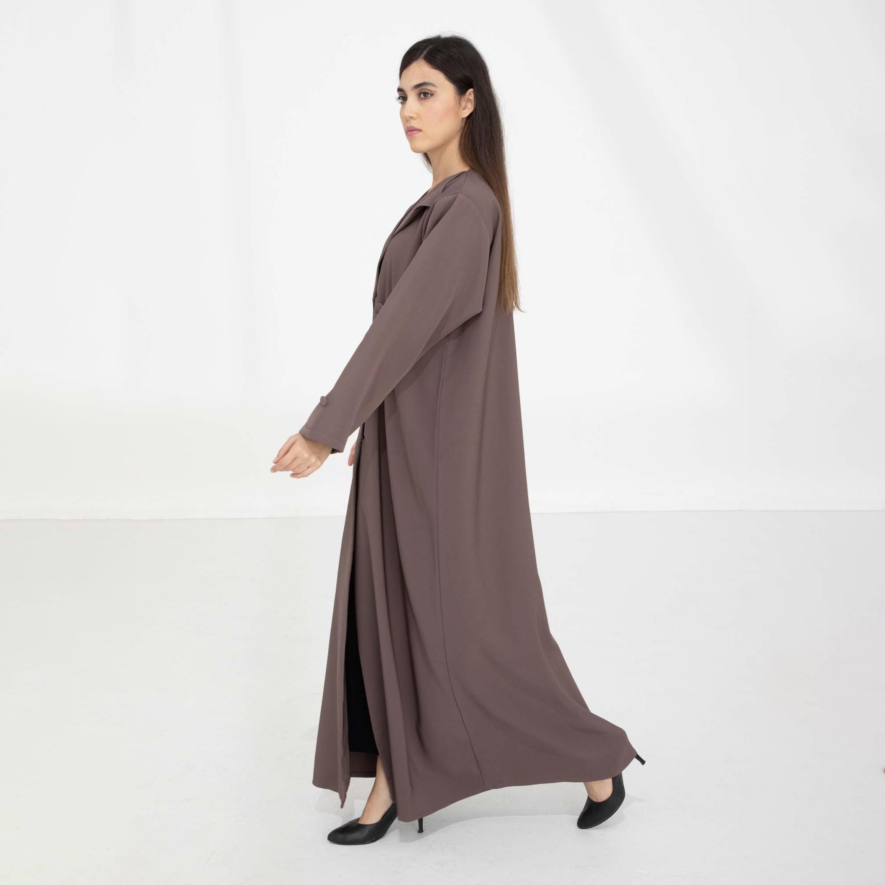 Msquare Fashion Brown Lapel Collar Barbie Crepe Women's Abaya with Hijab-women-arabicclothing-abayas-image-3