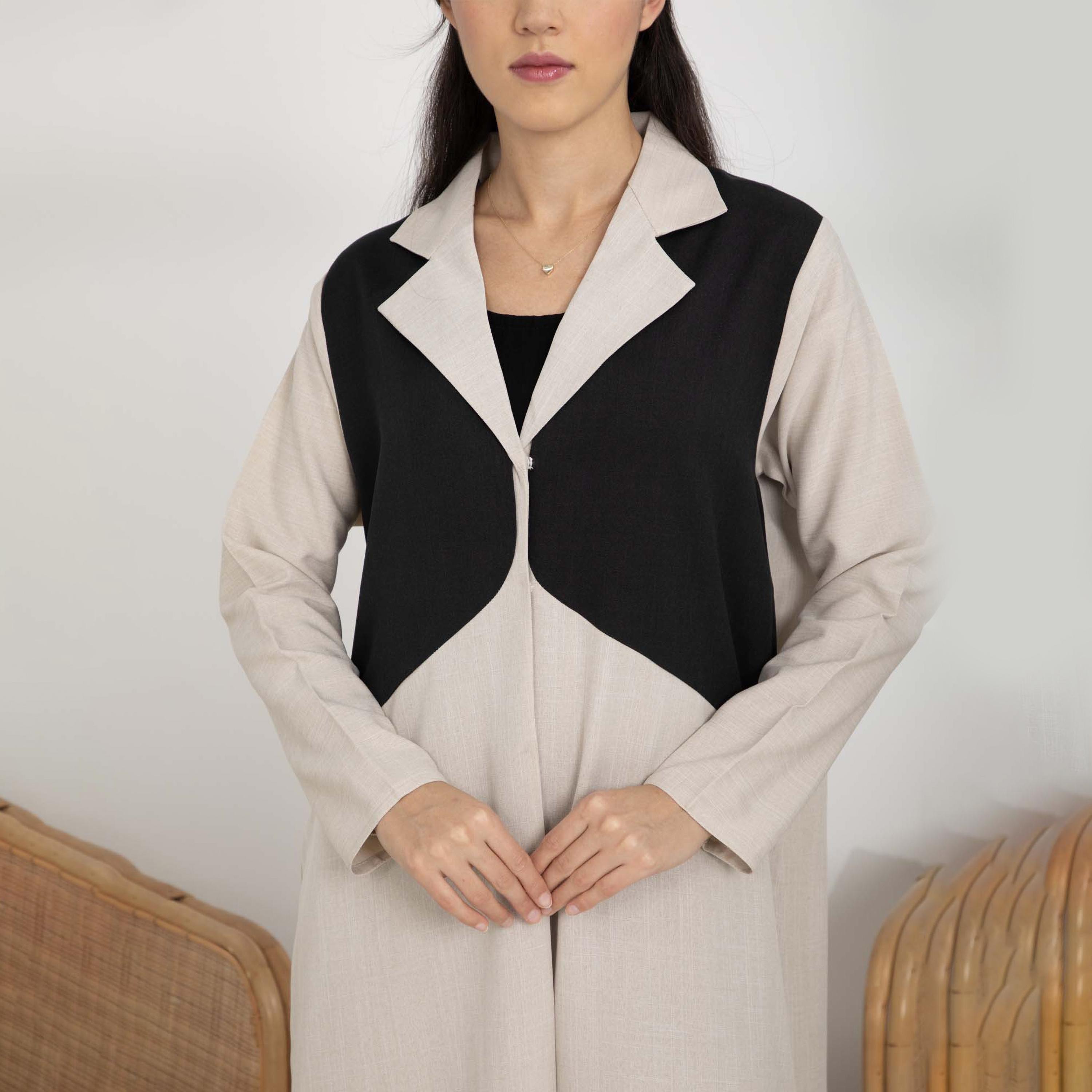عباية نسائية بلون بيج مع ياقة مضلعة وحجاب من إم سكوير فاشون-women-arabicclothing-abayas-image-2