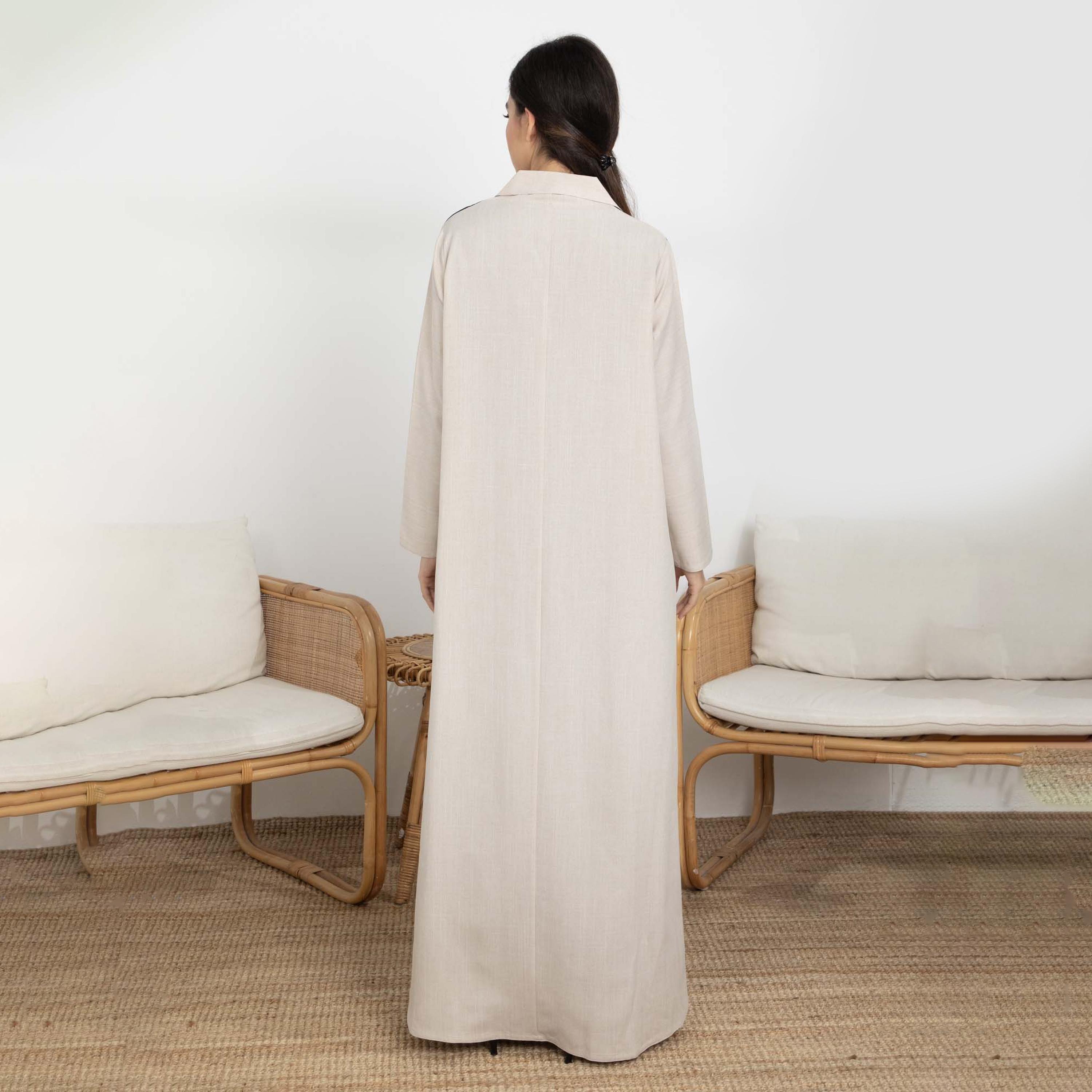 عباية نسائية بلون بيج مع ياقة مضلعة وحجاب من إم سكوير فاشون-women-arabicclothing-abayas-image-5