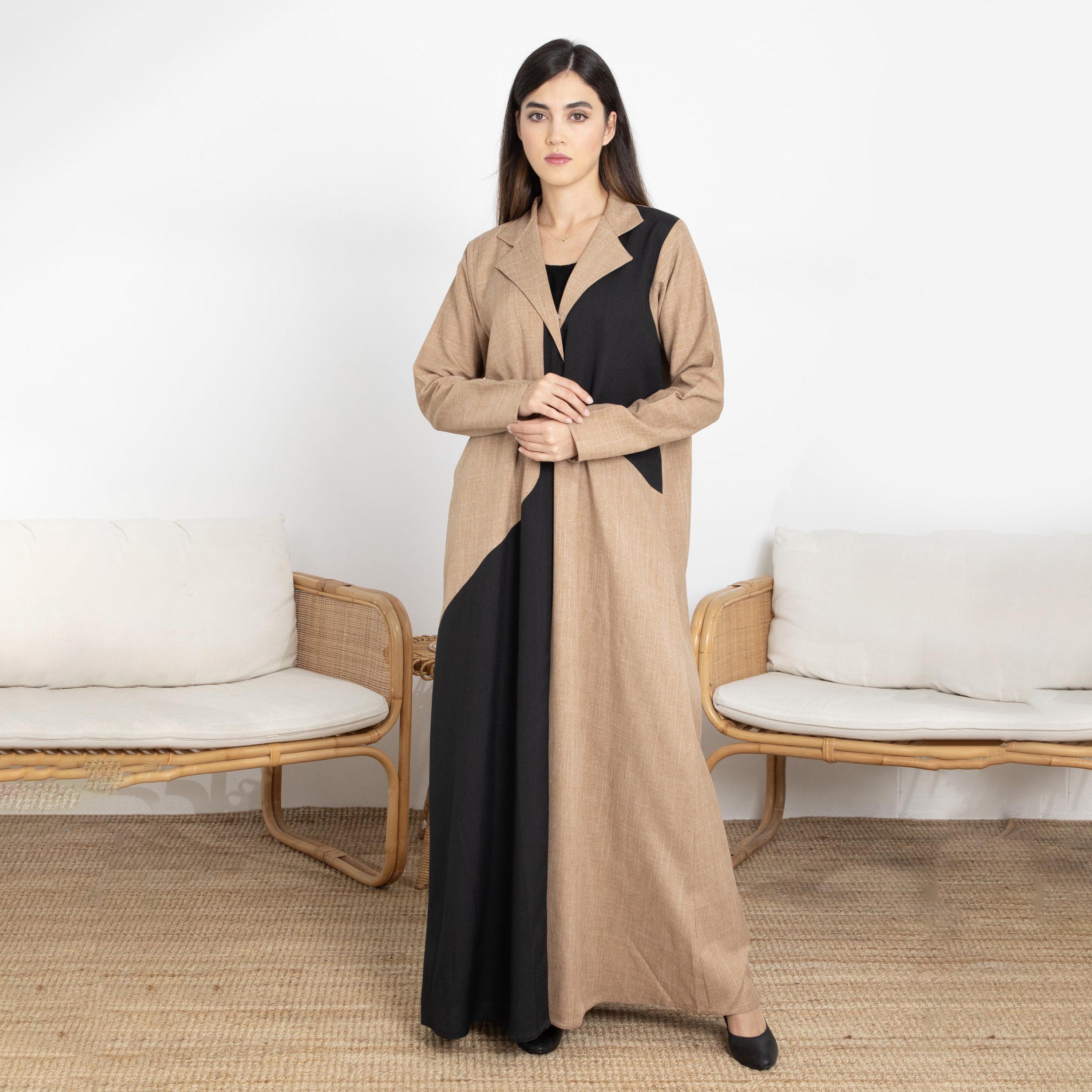 Msquare Fashion Brown Blocked Lapel Collar Melange Women's Abaya with Hijab-women-arabicclothing-abayas-image-1
