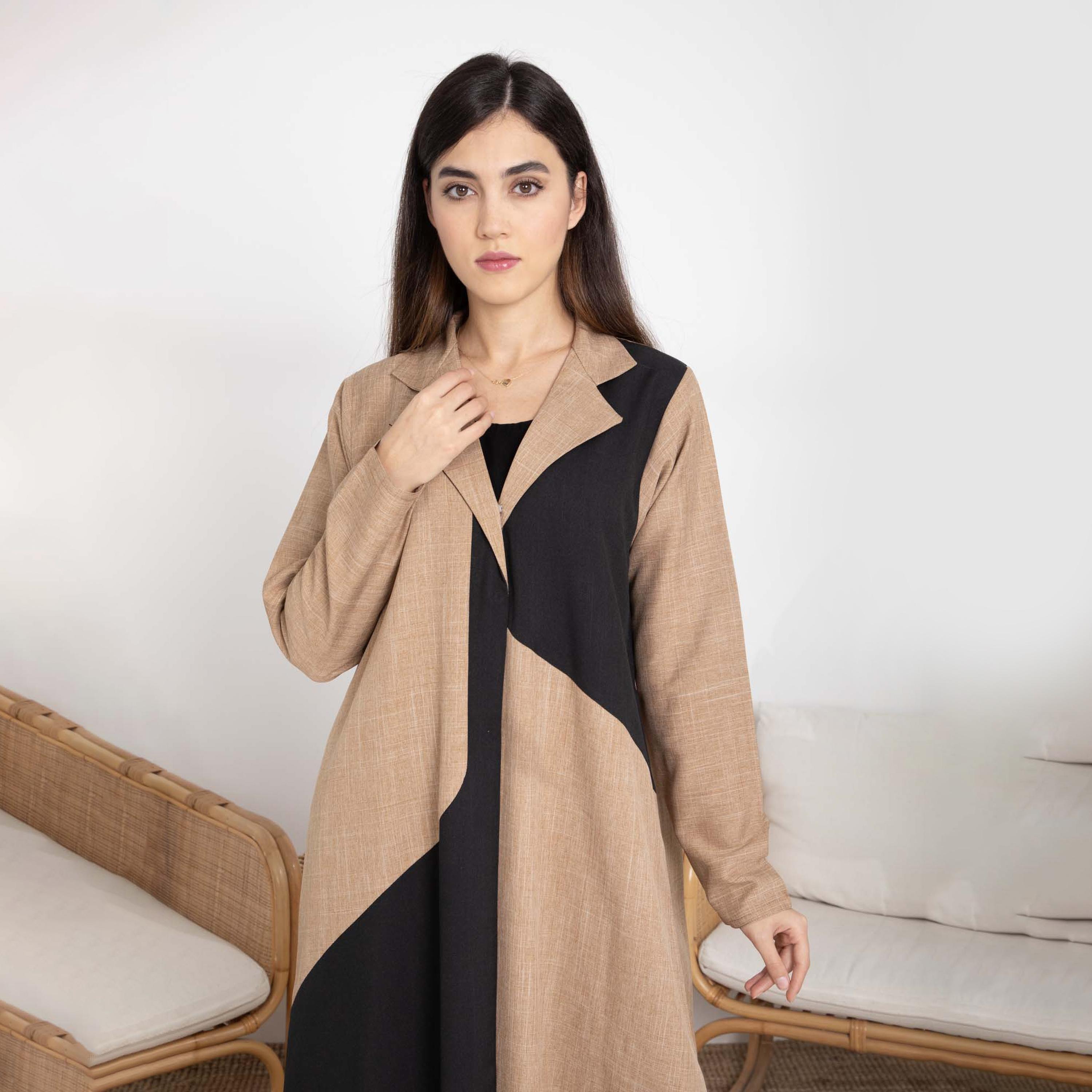 Msquare Fashion Brown Blocked Lapel Collar Melange Women's Abaya with Hijab-women-arabicclothing-abayas-image-2