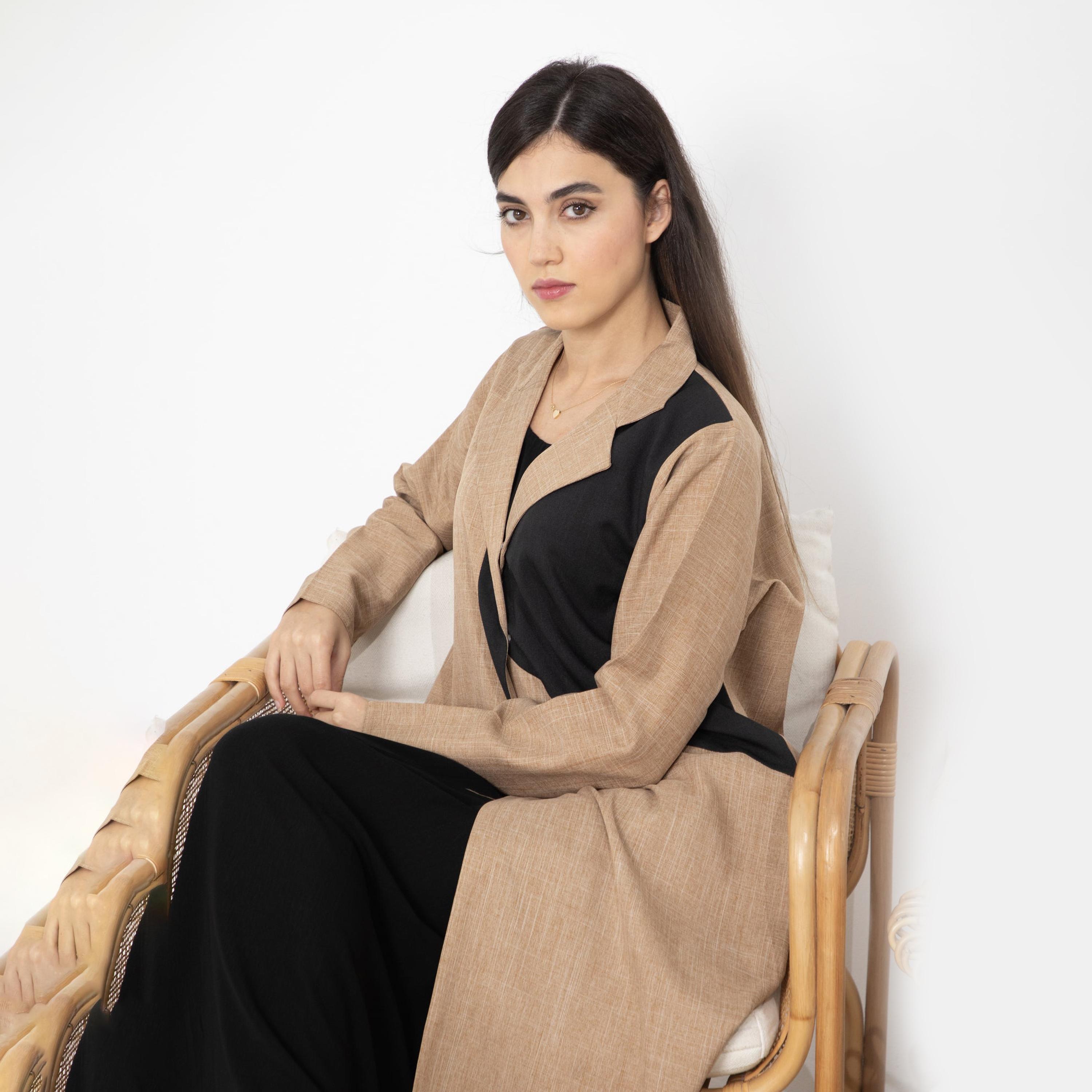 Msquare Fashion Brown Blocked Lapel Collar Melange Women's Abaya with Hijab-women-arabicclothing-abayas-image-3