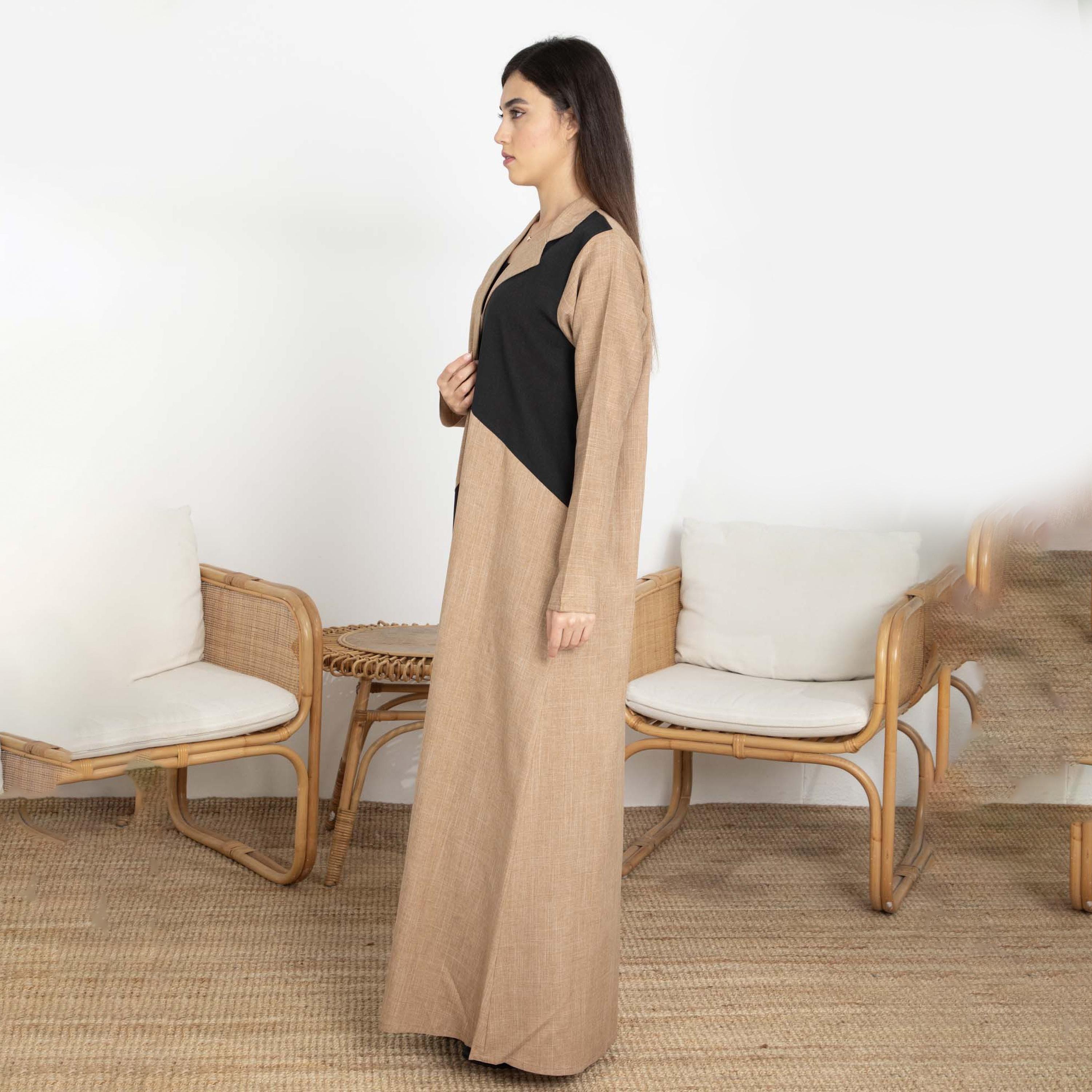 Msquare Fashion Brown Blocked Lapel Collar Melange Women's Abaya with Hijab-women-arabicclothing-abayas-image-4