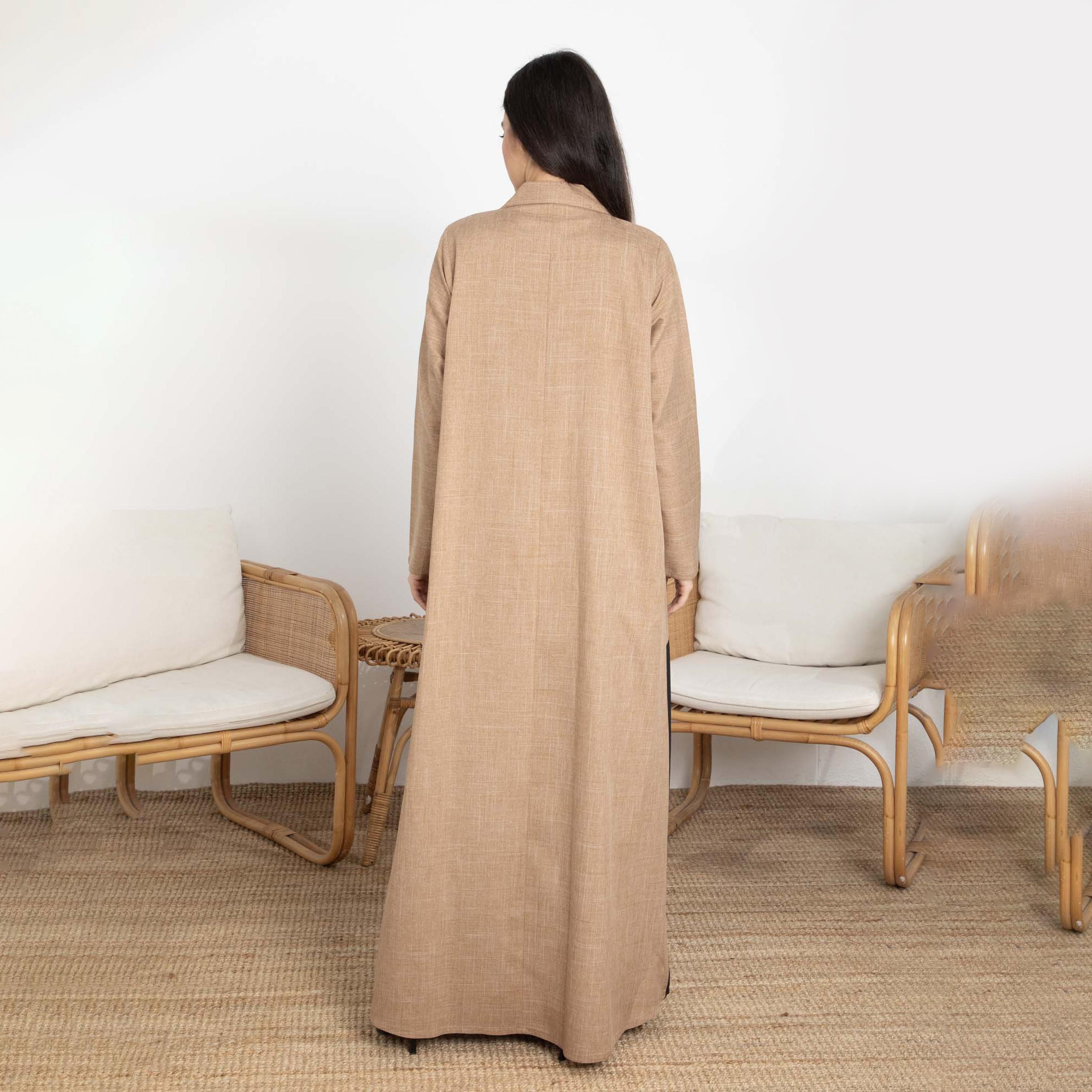 Msquare Fashion Brown Blocked Lapel Collar Melange Women's Abaya with Hijab-women-arabicclothing-abayas-image-5